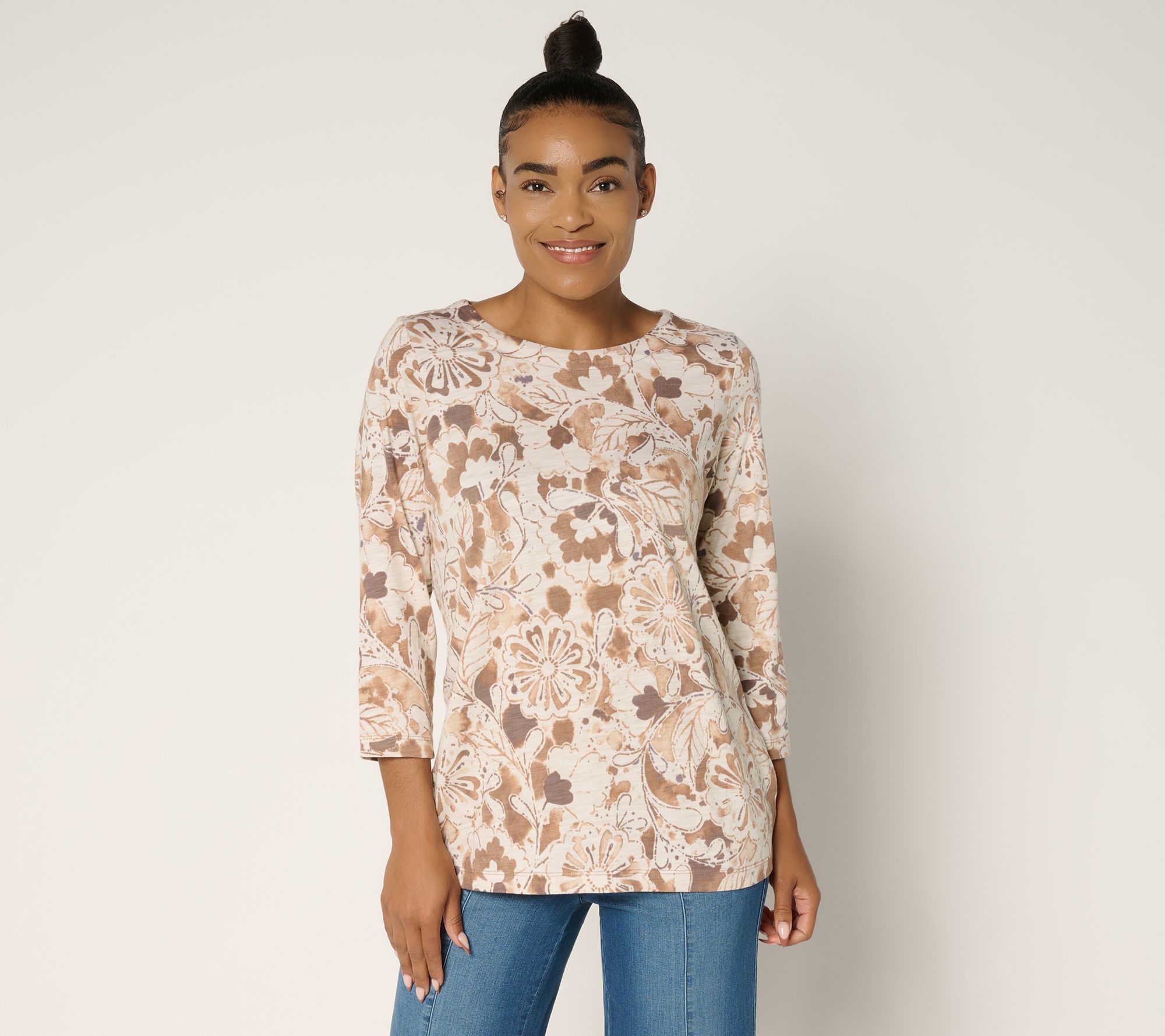 Belle by Kim Gravel Slub Knit Painted Blooms 3/4 Sleeve Top