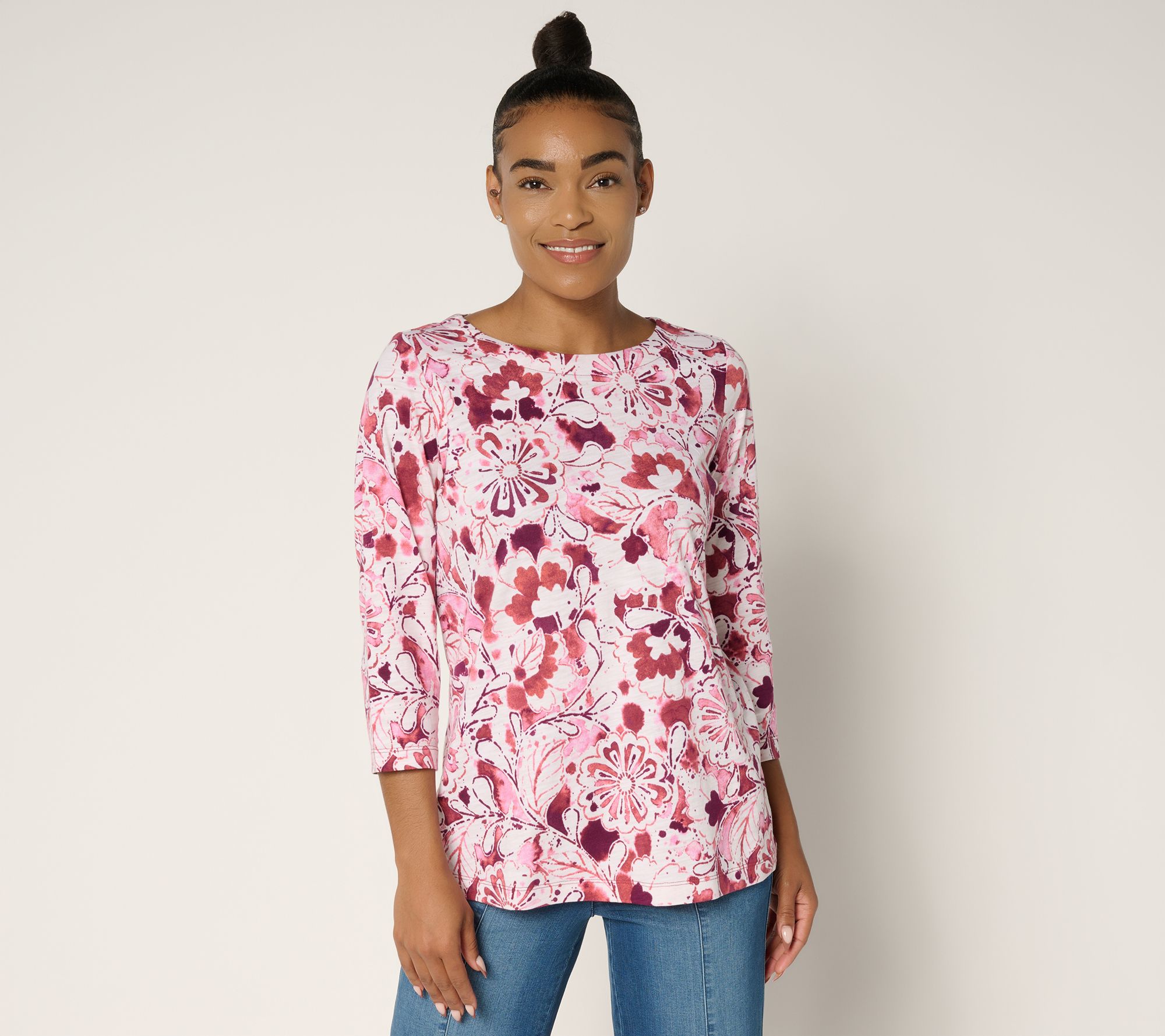 Belle by Kim Gravel Slub Knit Painted Blooms 3/4 Sleeve Top