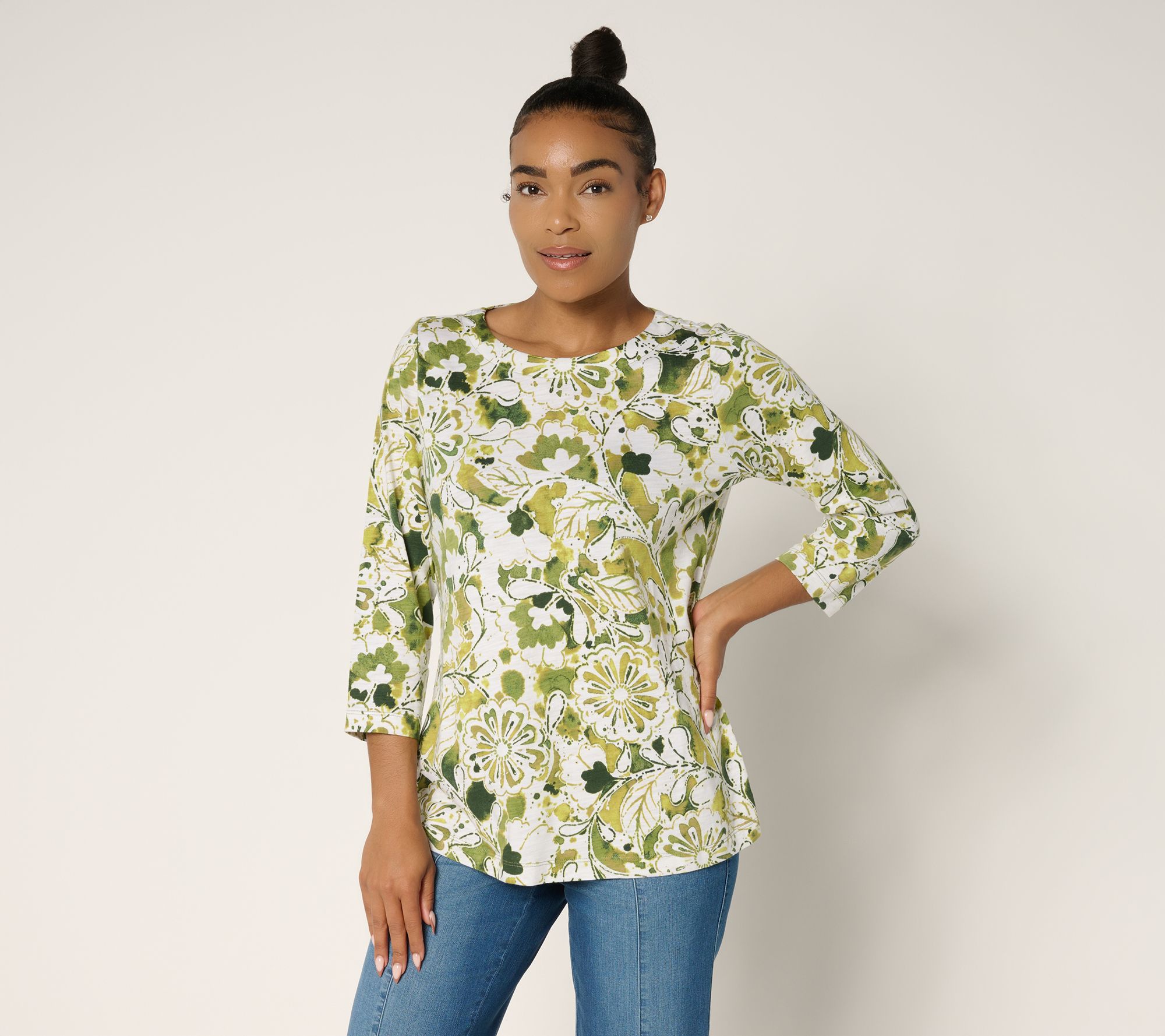 Belle by Kim Gravel Slub Knit Painted Blooms 3/4 Sleeve Top