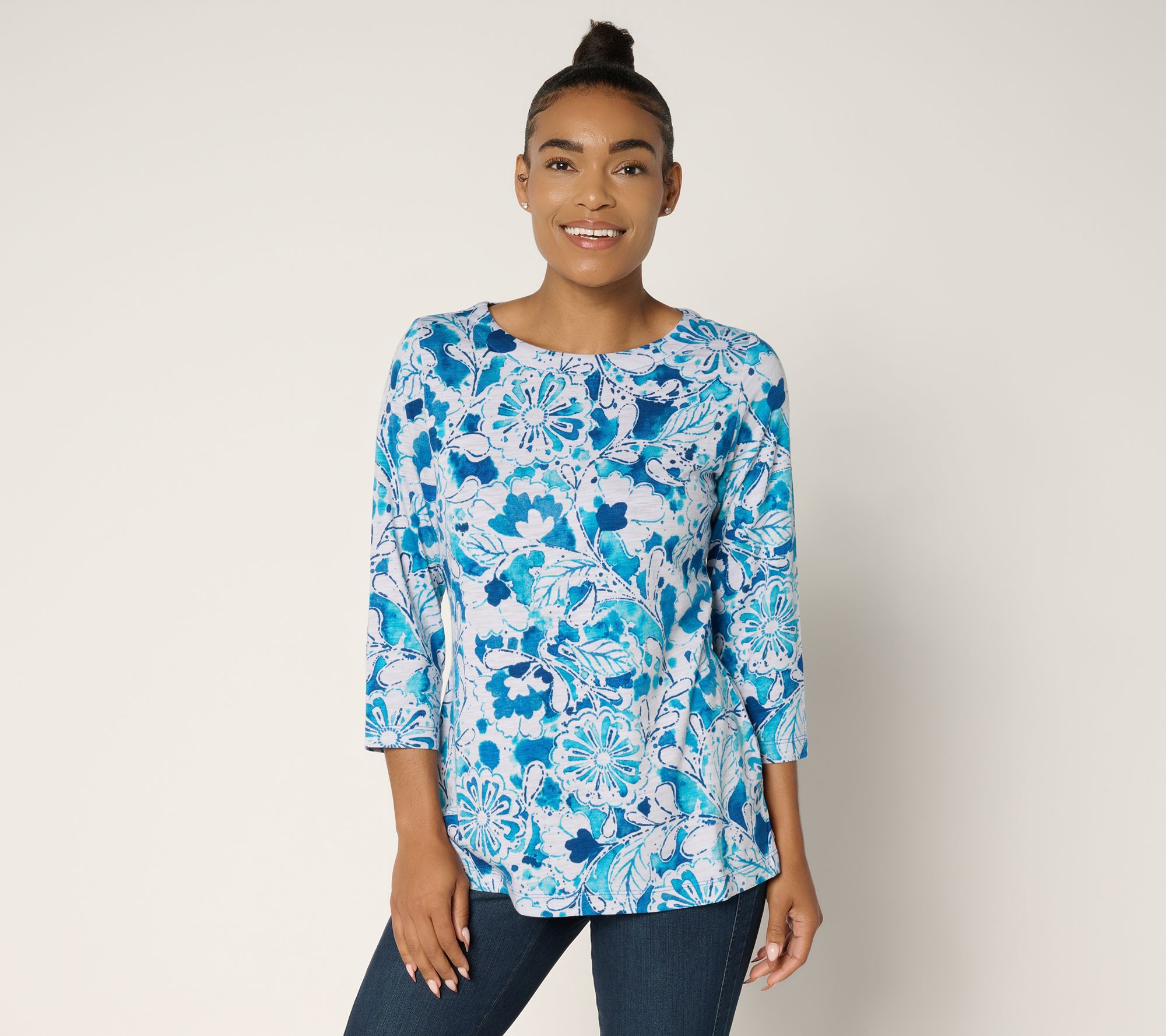 Belle by Kim Gravel Slub Knit Painted Blooms 3/4 Sleeve Top