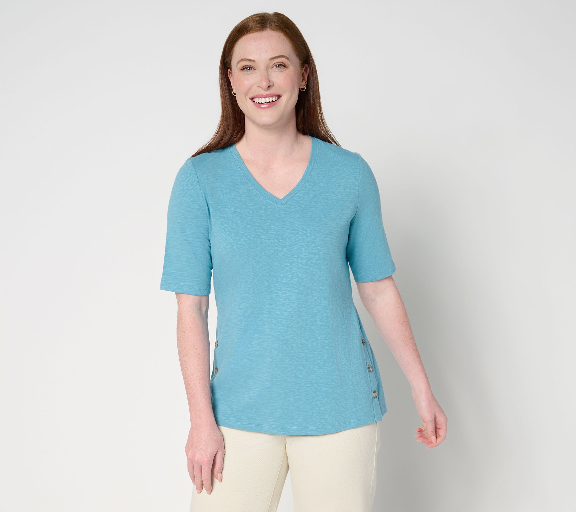 トップス nannn Denim & Co. Texture Knit Elbow Sleeve Top with Side Button