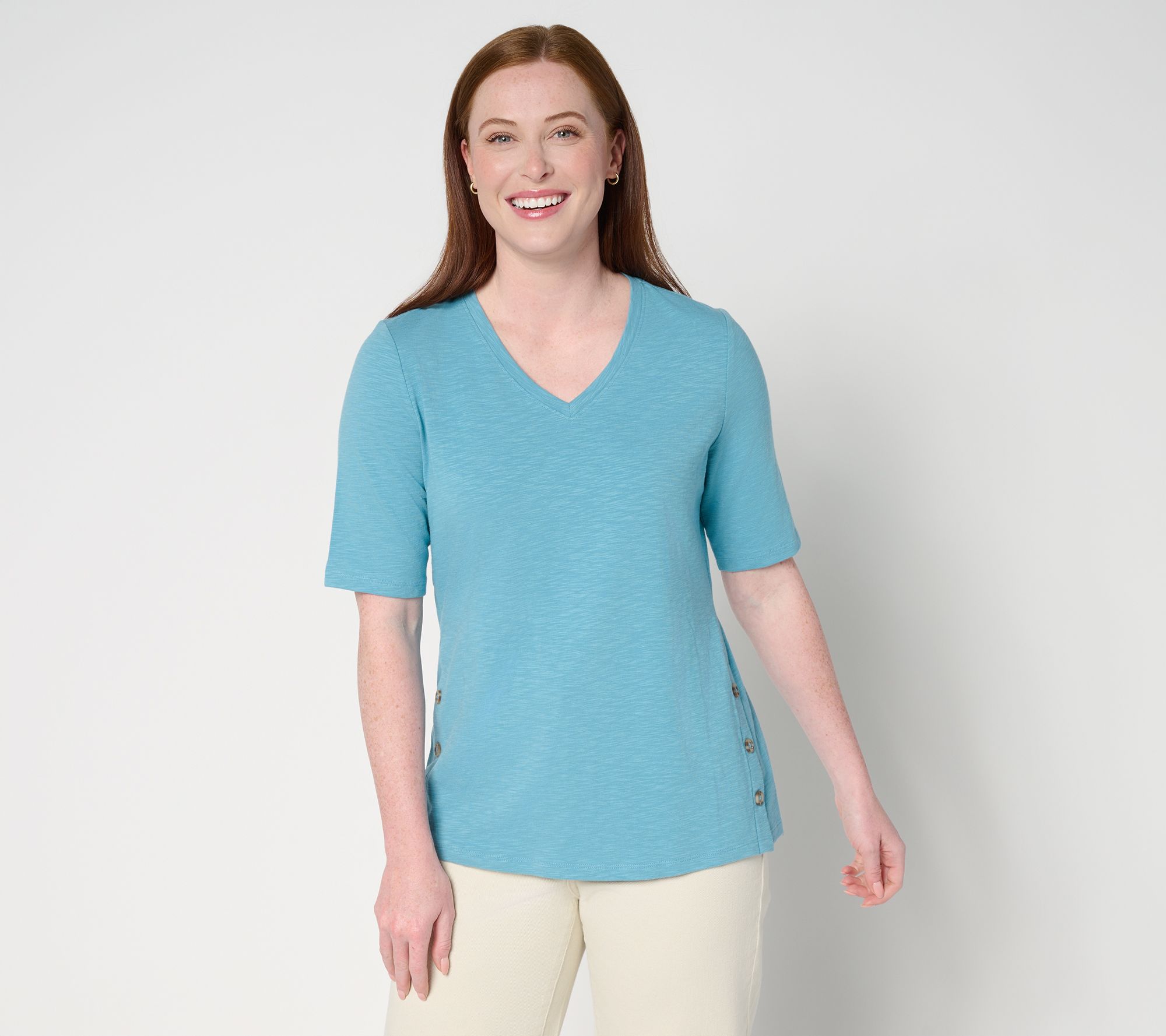 Denim & Co. Texture Knit Elbow Sleeve Top with Side Button Detail