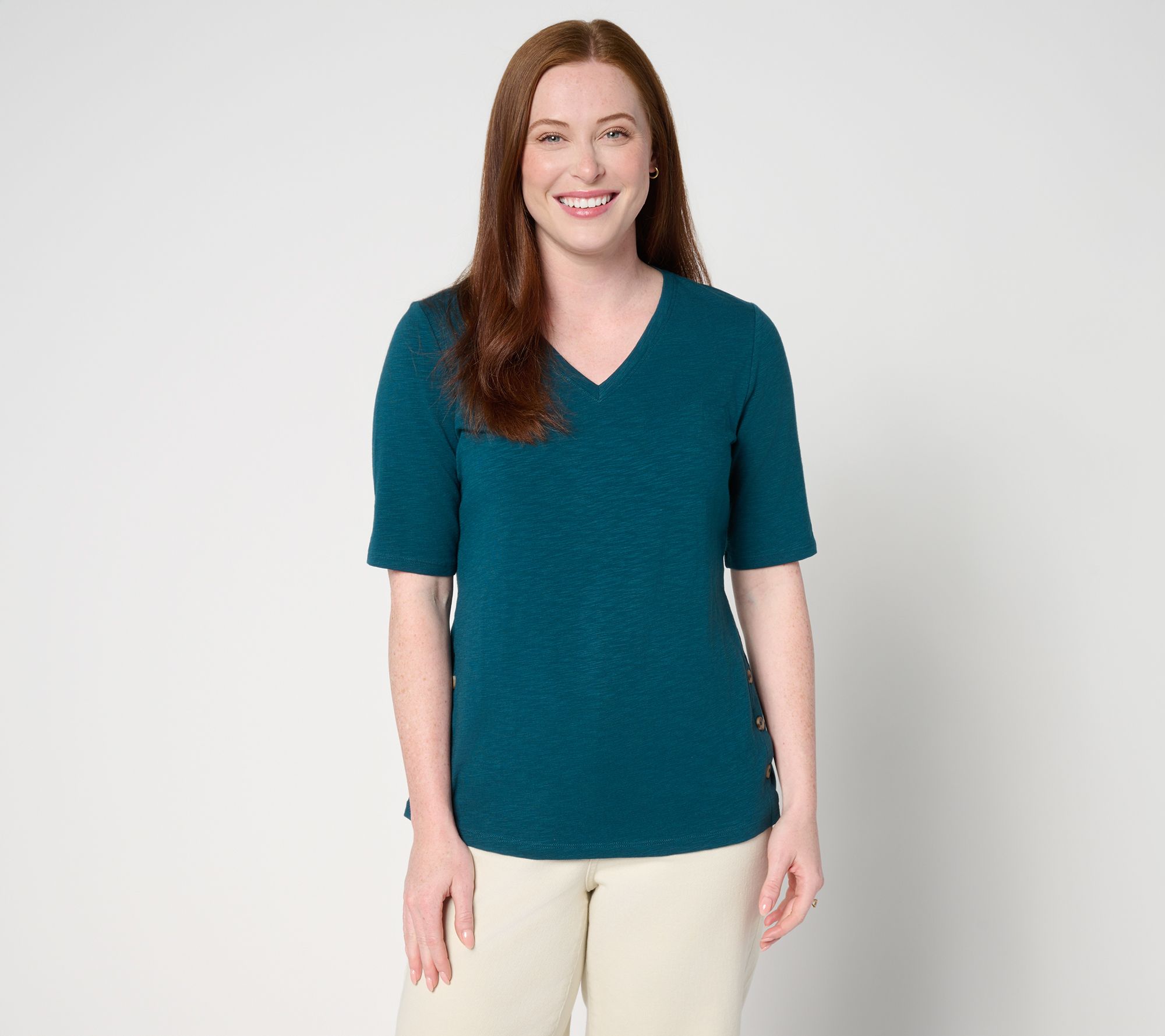 Denim & Co. Texture Knit Elbow Sleeve Top with Side Button Detail