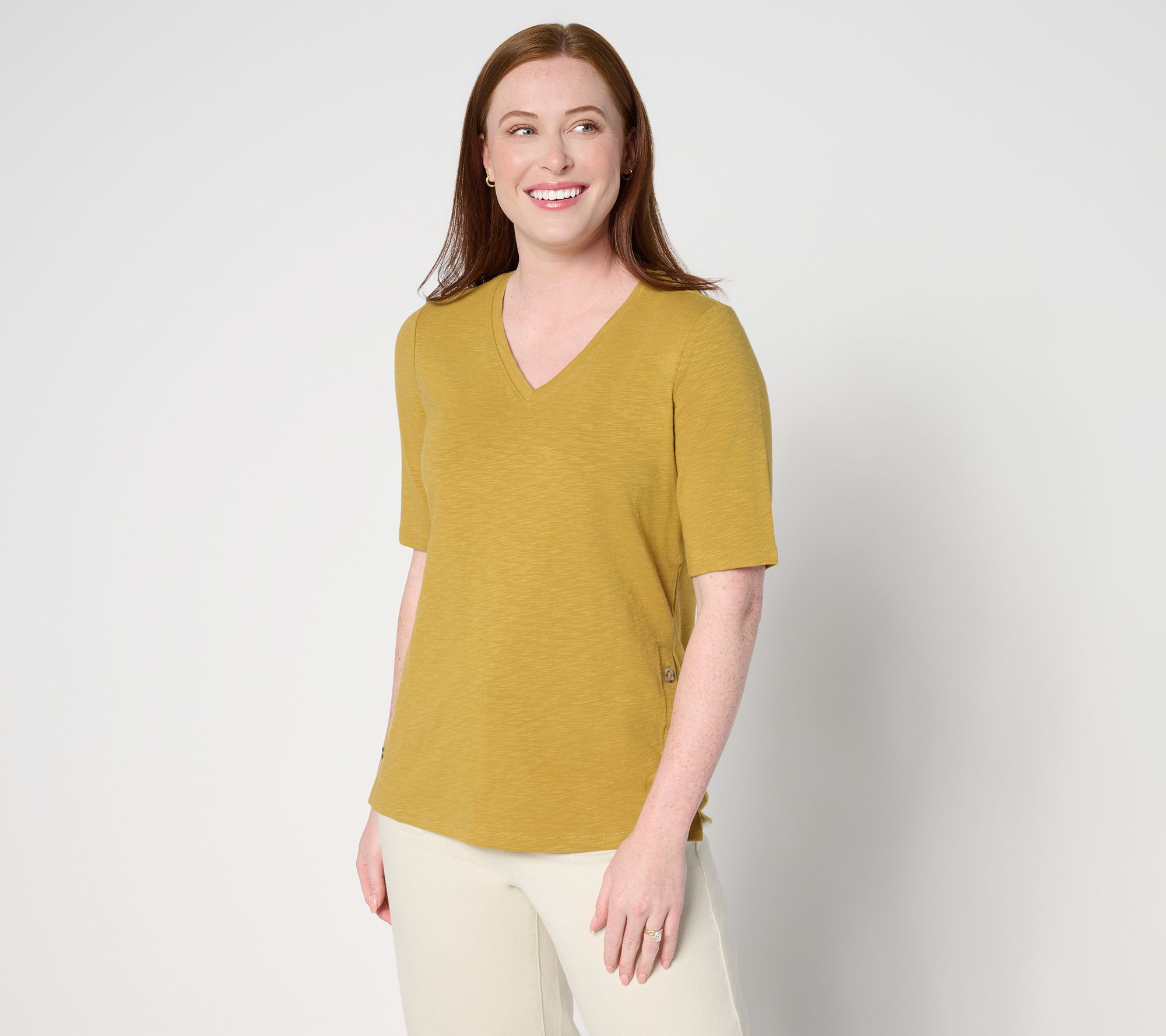 Denim & Co. Texture Knit Elbow Sleeve Top with Side Button Detail