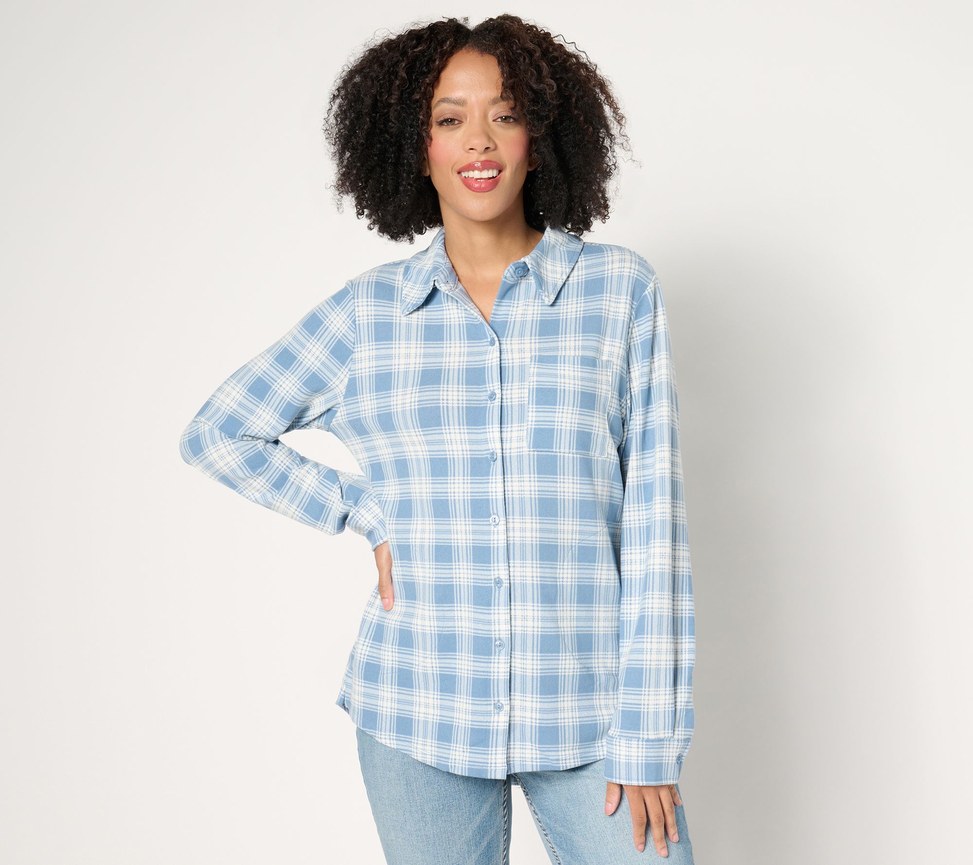 "As Is" Denim & Co. Petite Heavenly Jersey Pleat Back Plaid Tunic