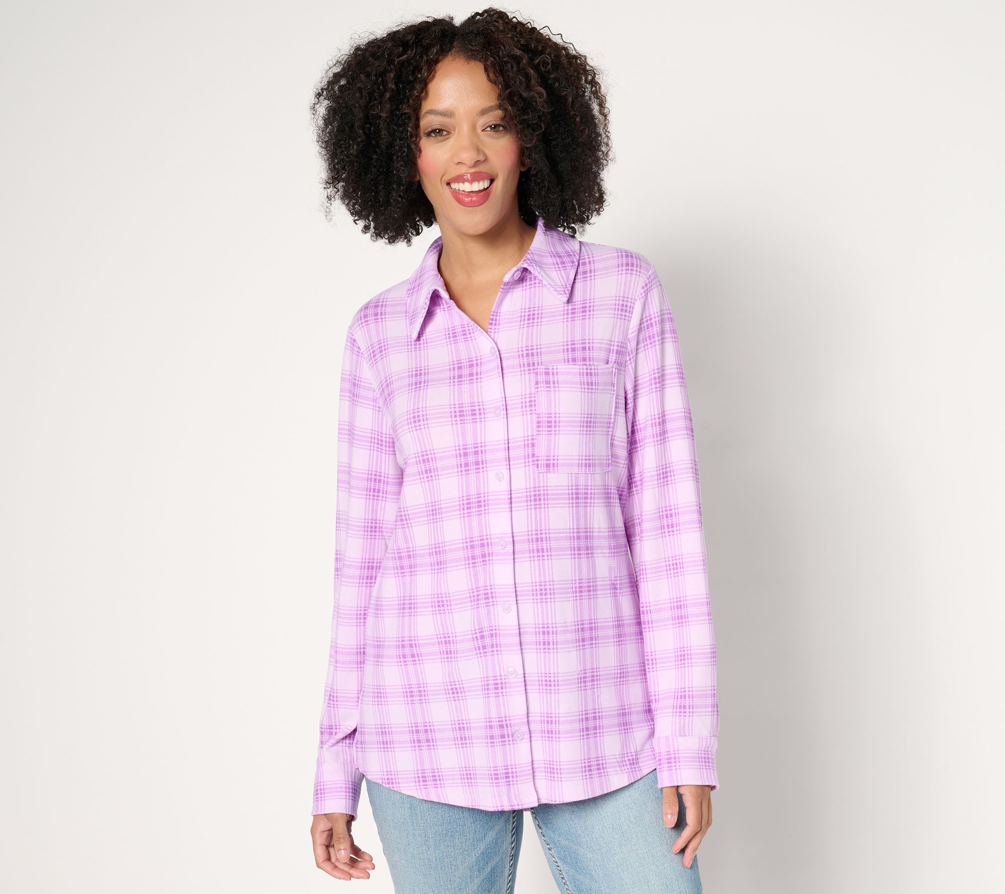 "As Is" Denim & Co. Petite Heavenly Jersey Pleat Back Plaid Tunic