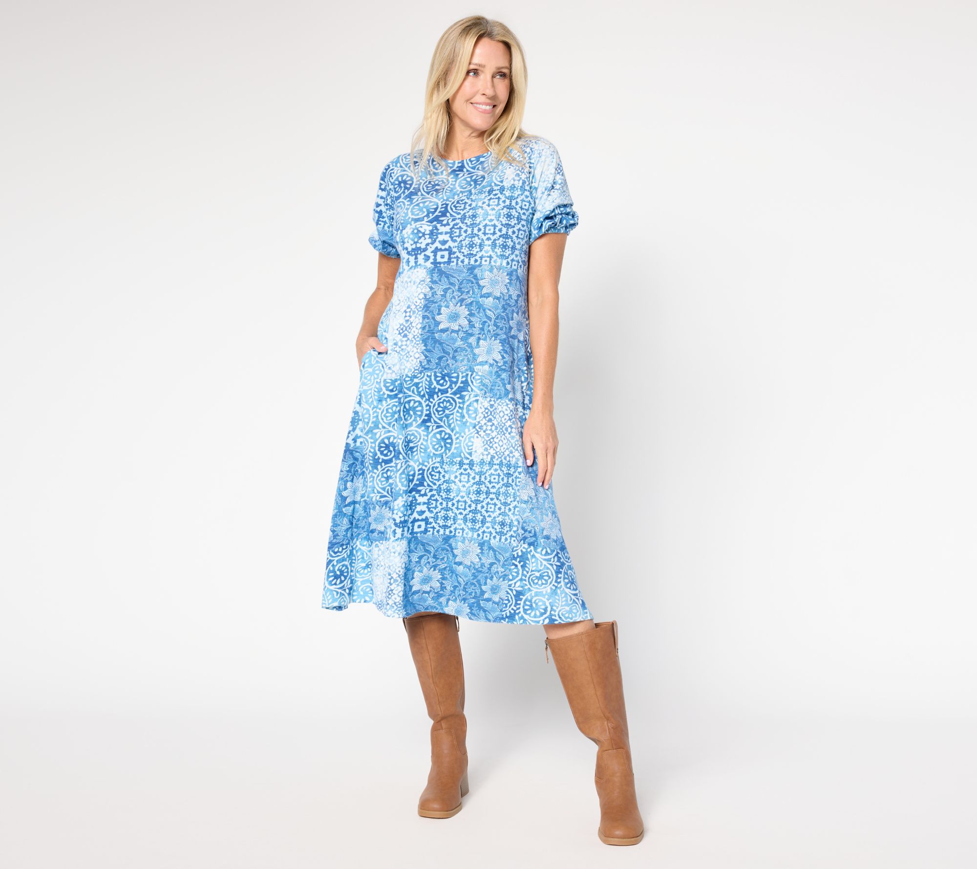 LOGO by Lori Goldstein Petite Cotton Patchwork Print Dress