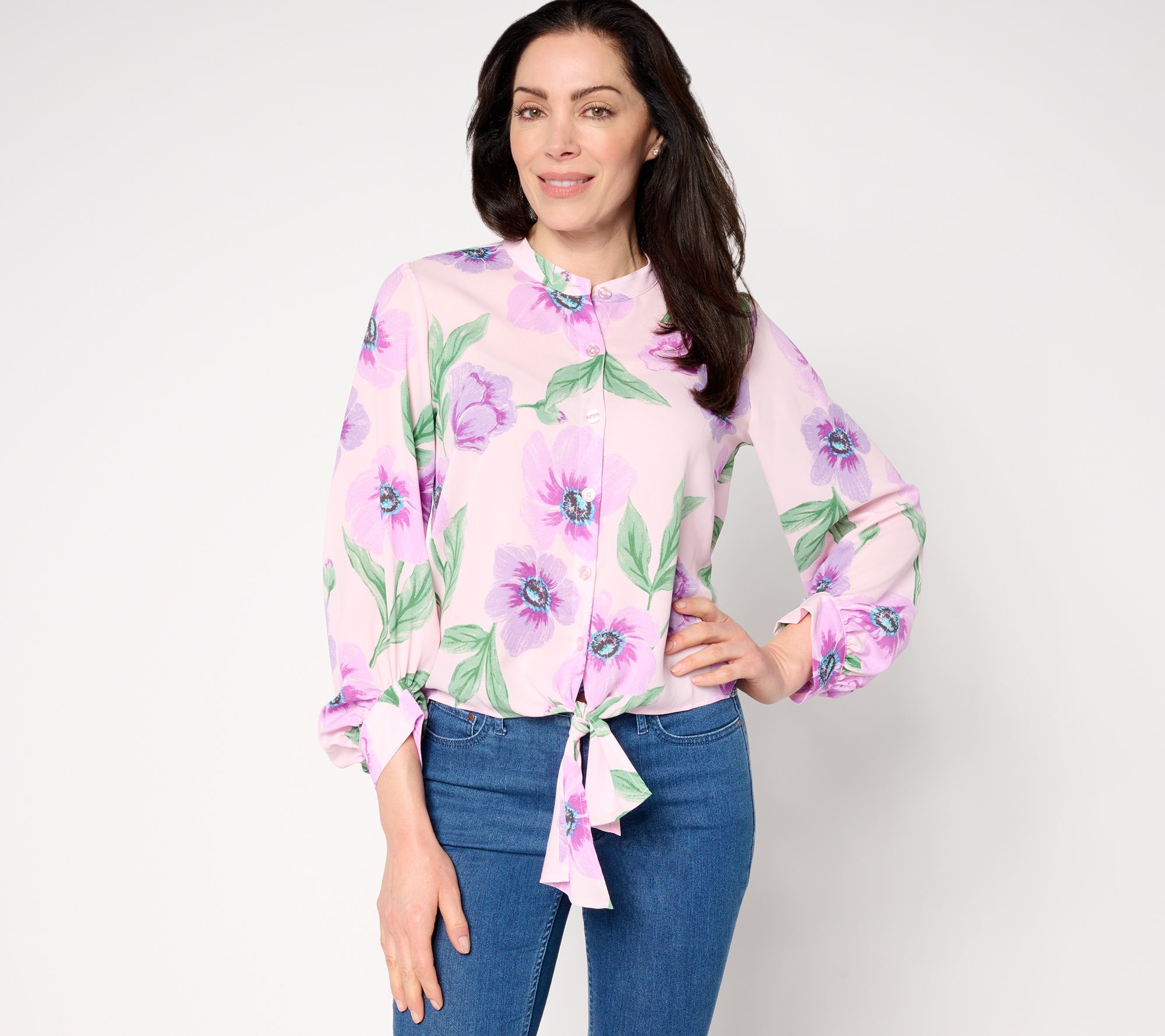 "As Is" Belle by Kim Gravel Breezy Petals Button Up Tie Front Blouse