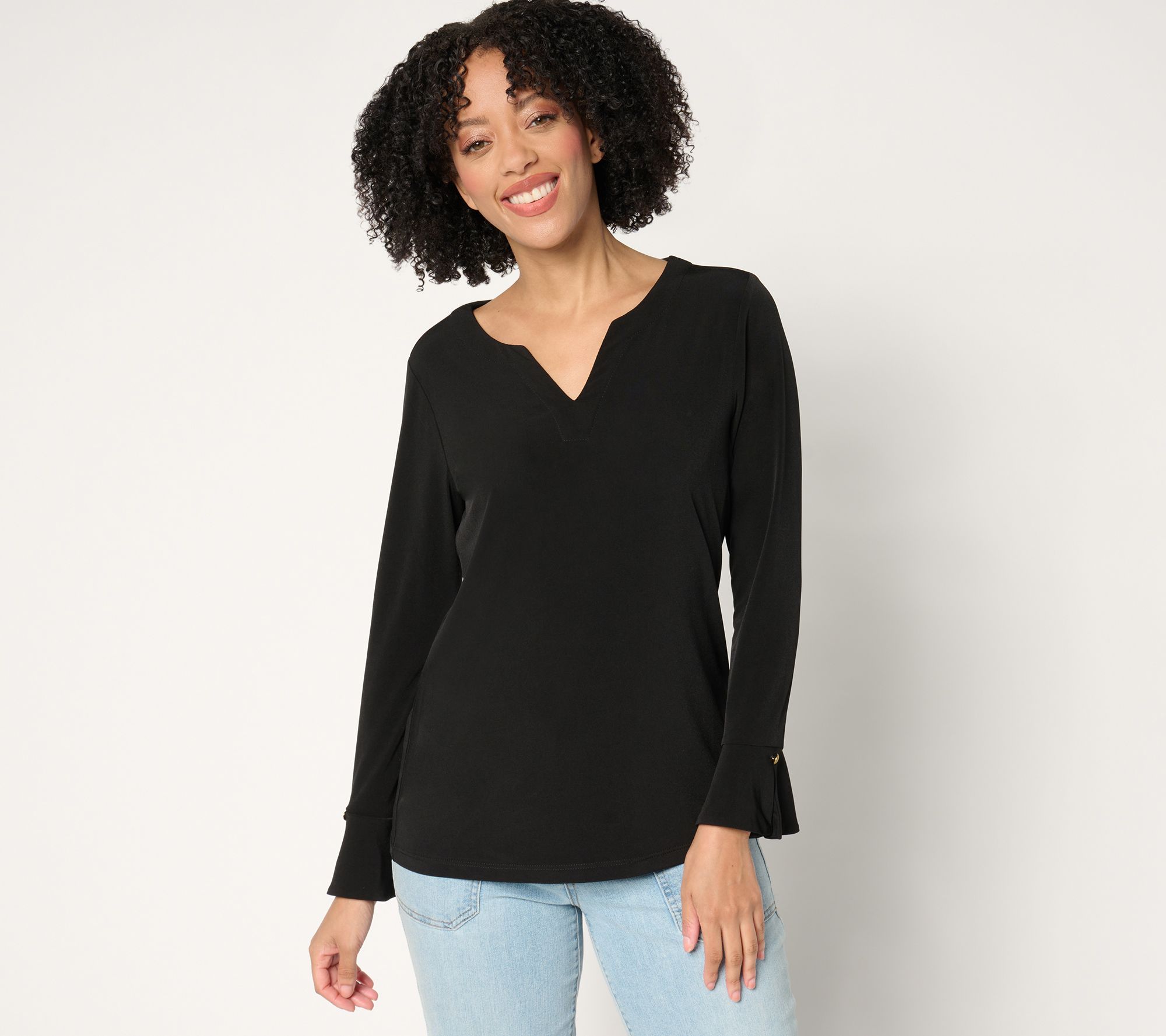 "As Is" Susan Graver Liquid Knit Split Neck Top with Flounce Sleeve