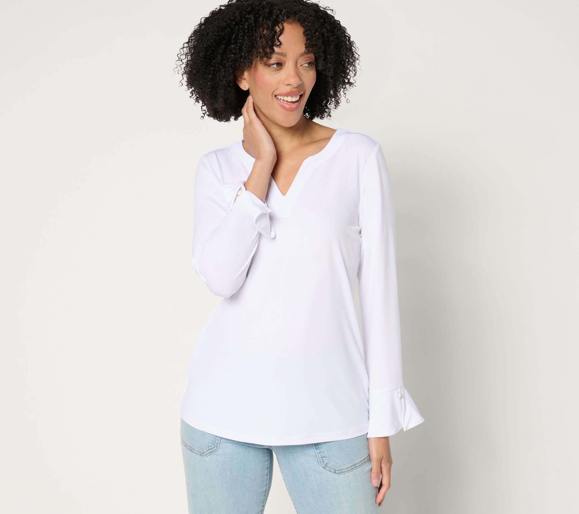 "As Is" Susan Graver Liquid Knit Split Neck Top with Flounce Sleeve