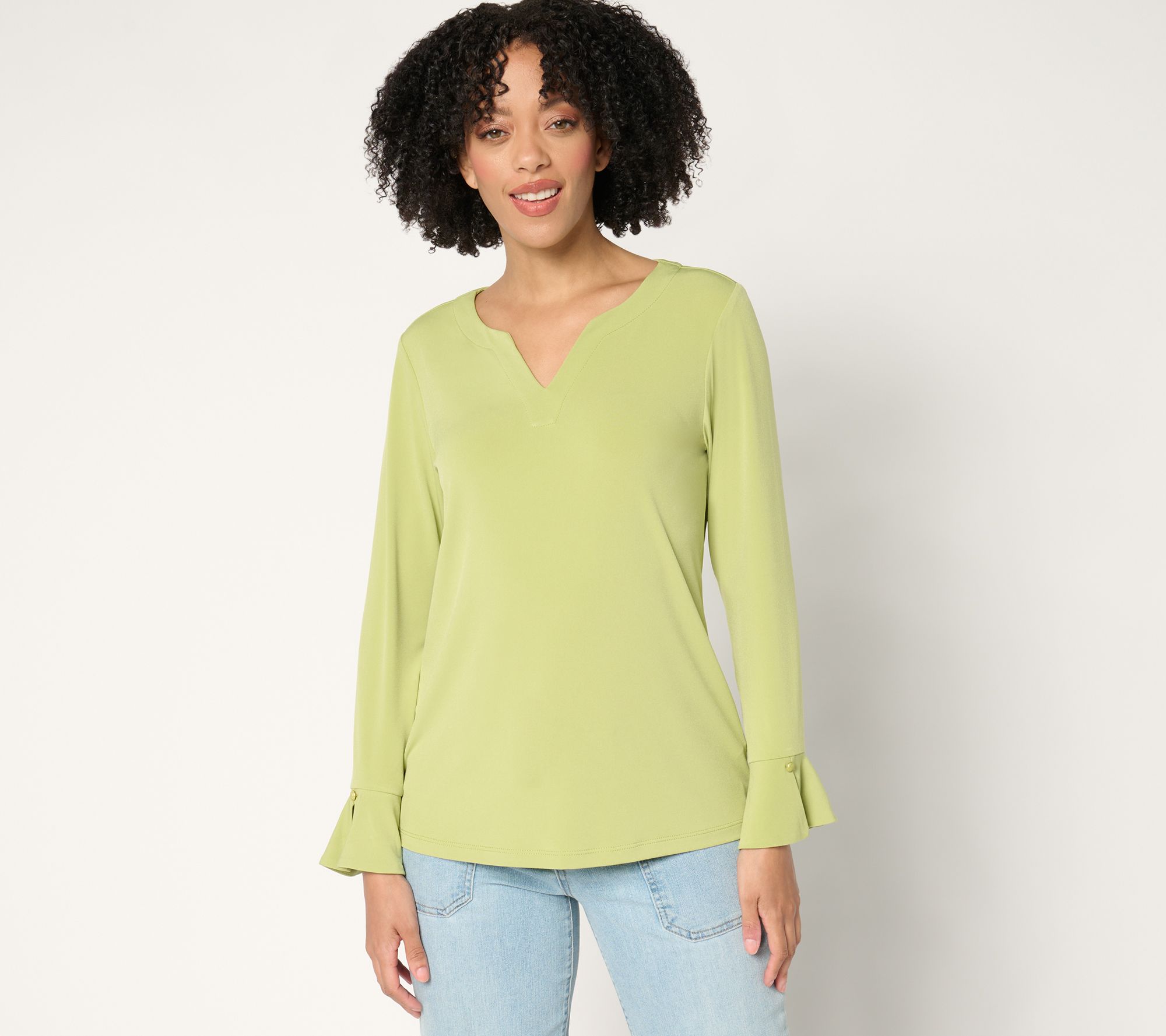 "As Is" Susan Graver Liquid Knit Split Neck Top with Flounce Sleeve