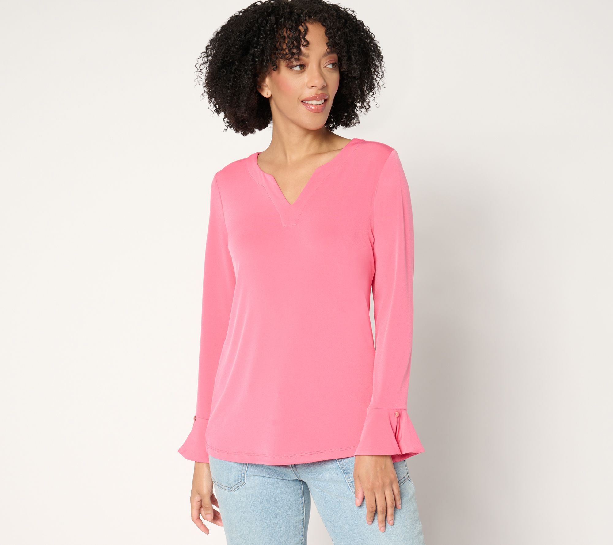 "As Is" Susan Graver Liquid Knit Split Neck Top with Flounce Sleeve