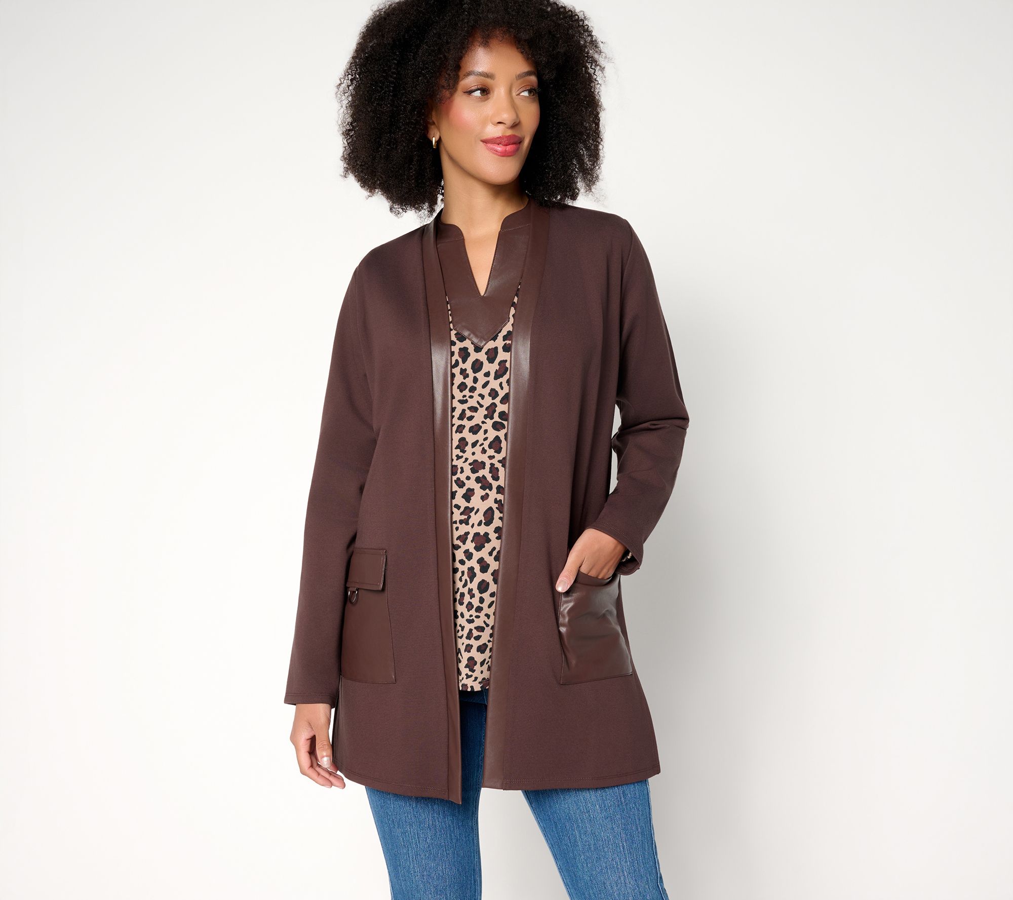 Belle by Kim Gravel Regular Ponte Duster with Faux Leather Trim