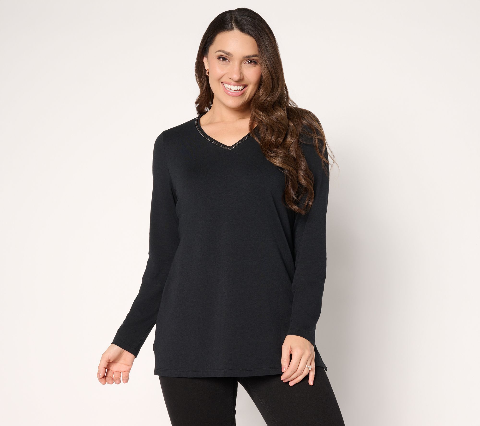 Denim & Co. Petite Favorite Jersey Beaded V-Neck Tunic