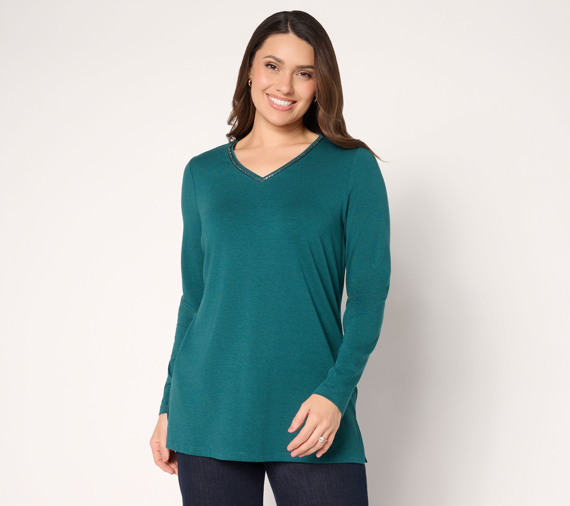 Denim & Co. Petite Favorite Jersey Beaded V-Neck Tunic