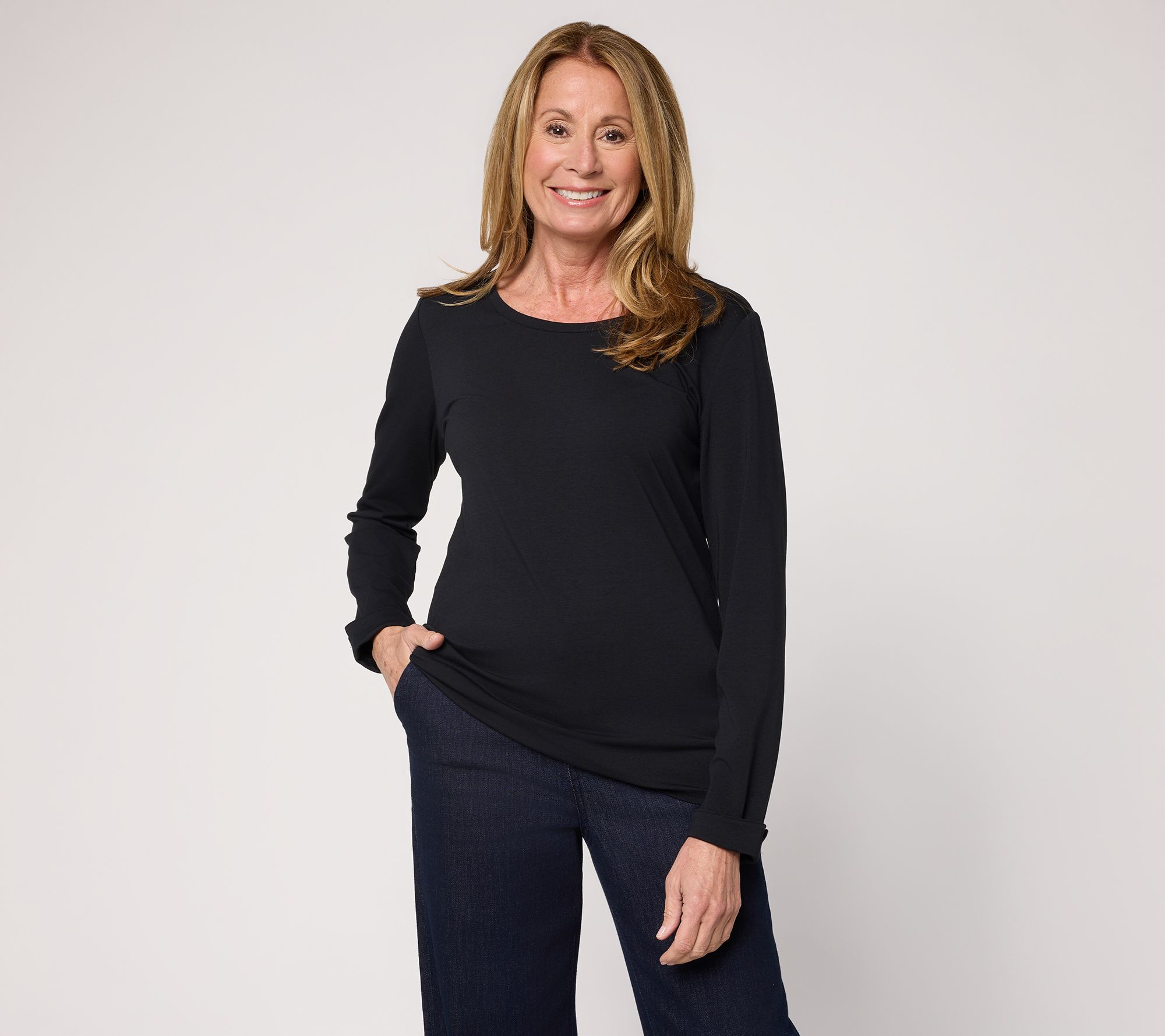 Denim & Co. Essentials Favorite Jersey Scoop Neck Top w/ Cuff Detail