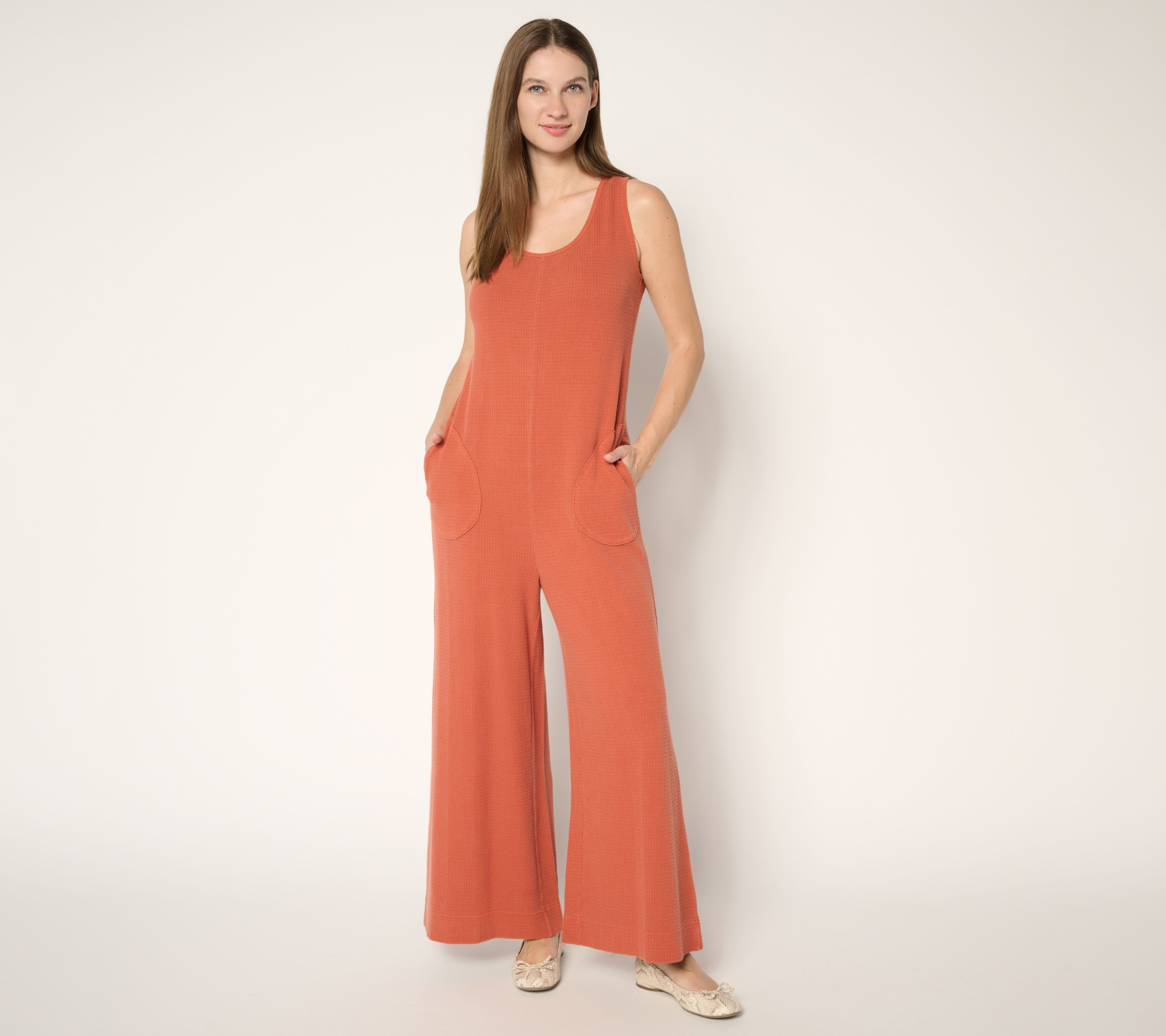 "As Is" AnyBody Reg Washed Waffle Knit Sleeveless Jumpsuit