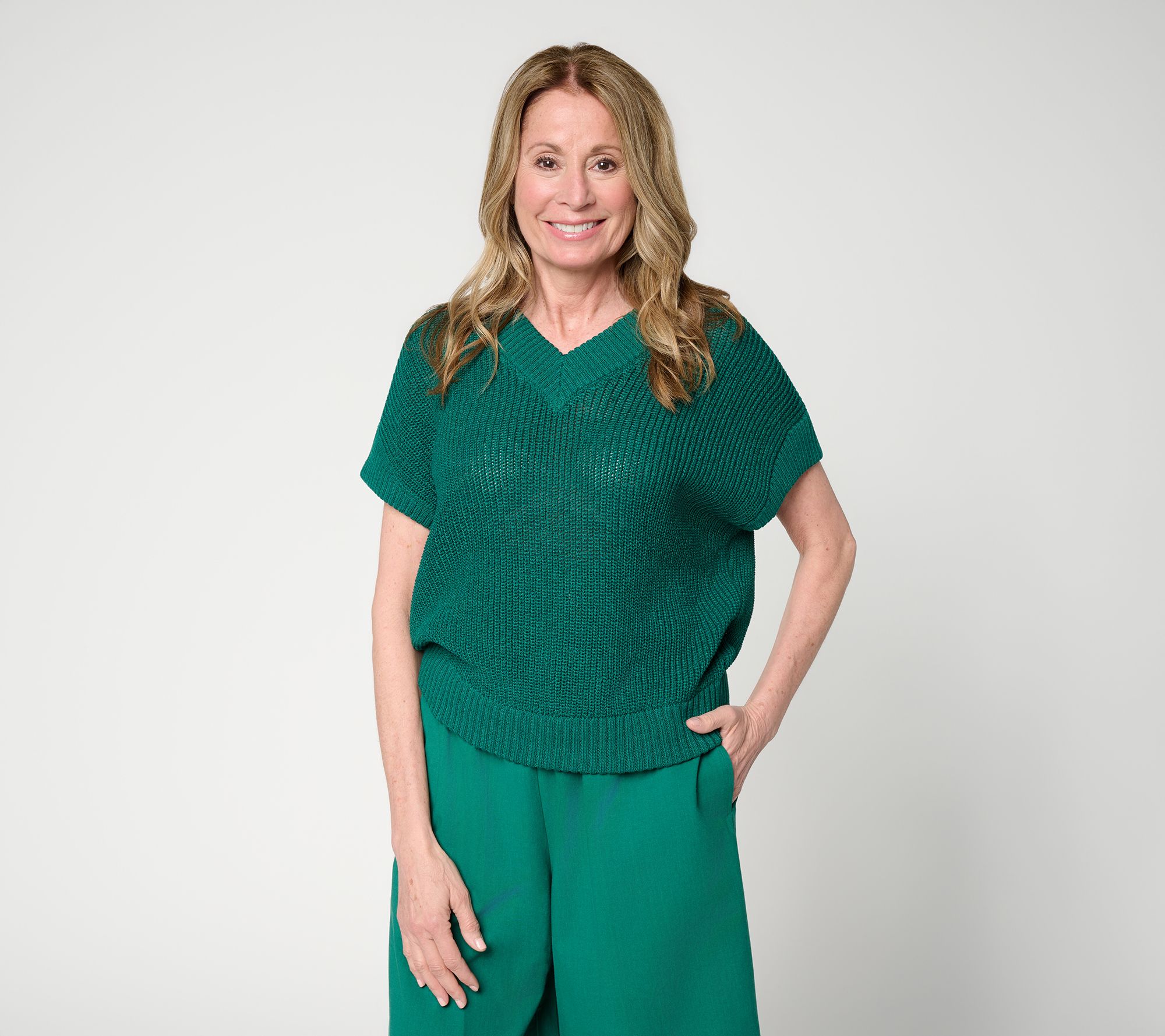 Carla Rockmore Collection Tape Yarn Dolman Sleeve V-Neck Sweater