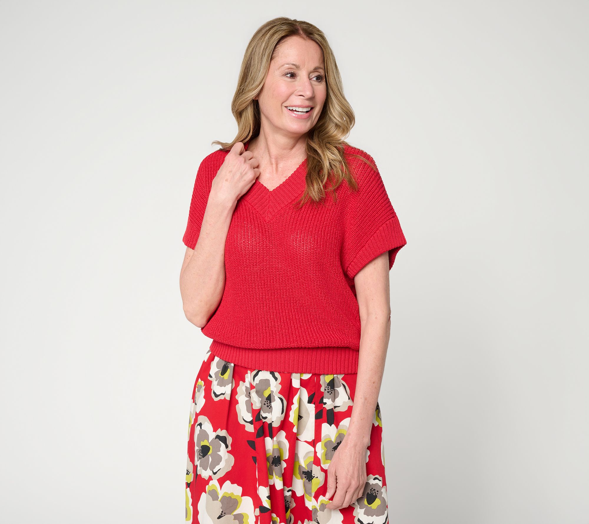 Carla Rockmore Collection Tape Yarn Dolman Sleeve V-Neck Sweater