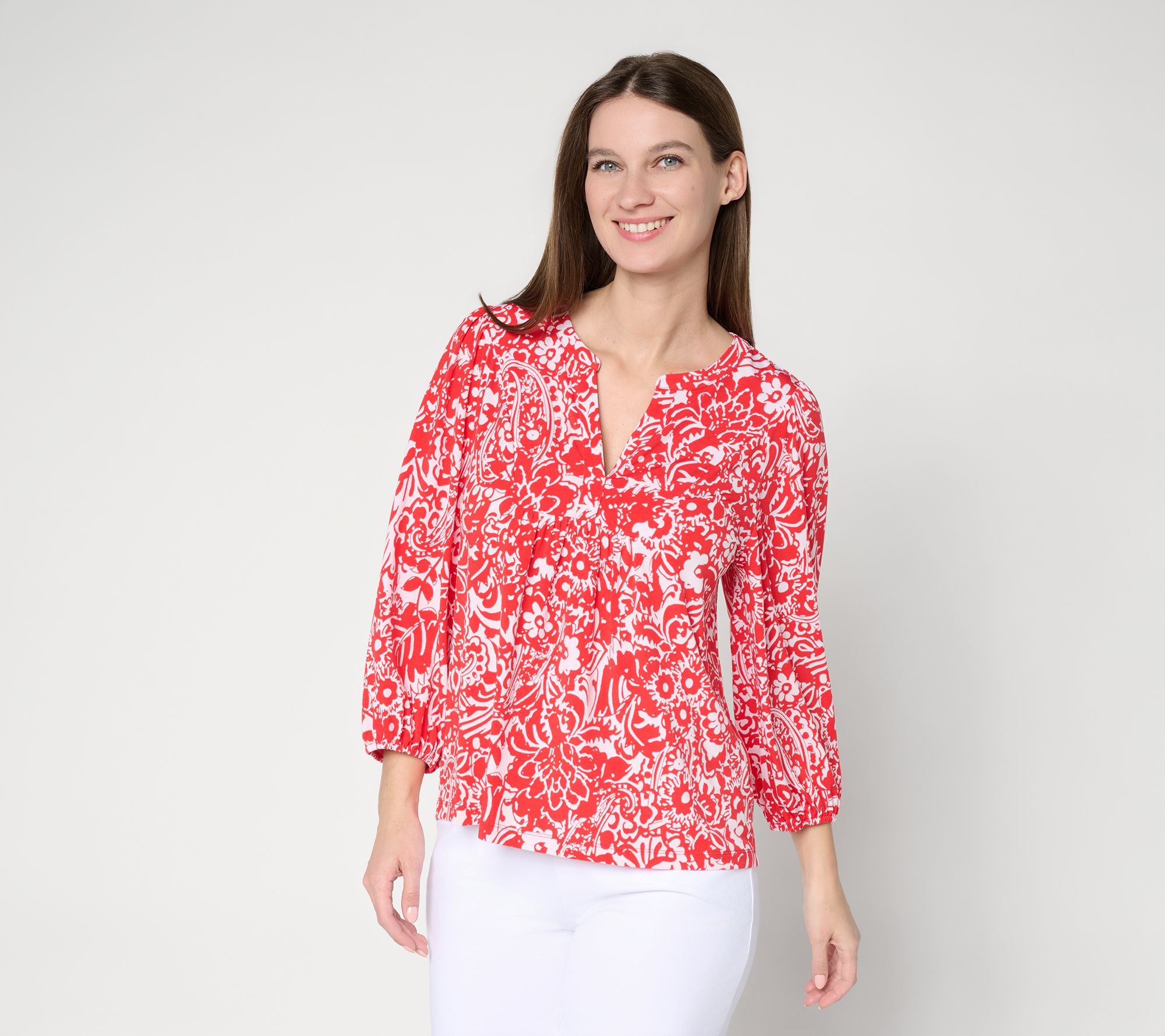  Susan Graver Printed Liquid Knit 3/4 Sleeve Split Neck Top