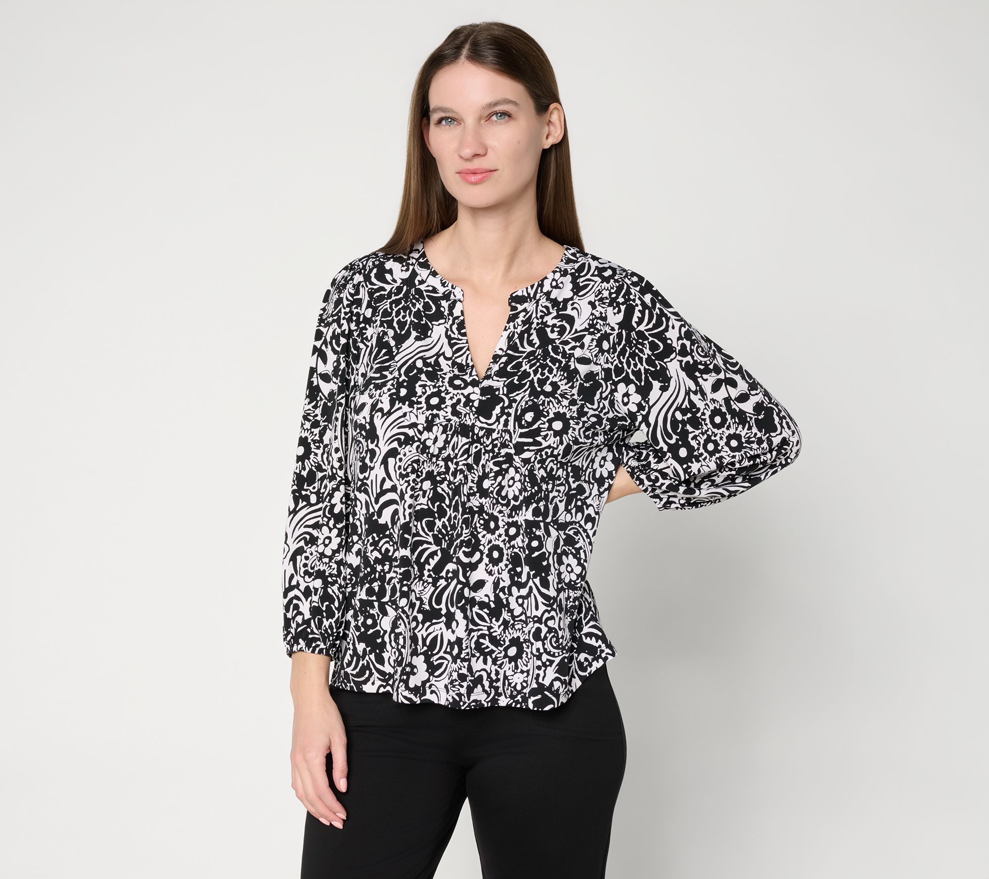 Susan Graver Printed Liquid Knit 3/4 Sleeve Split Neck Top