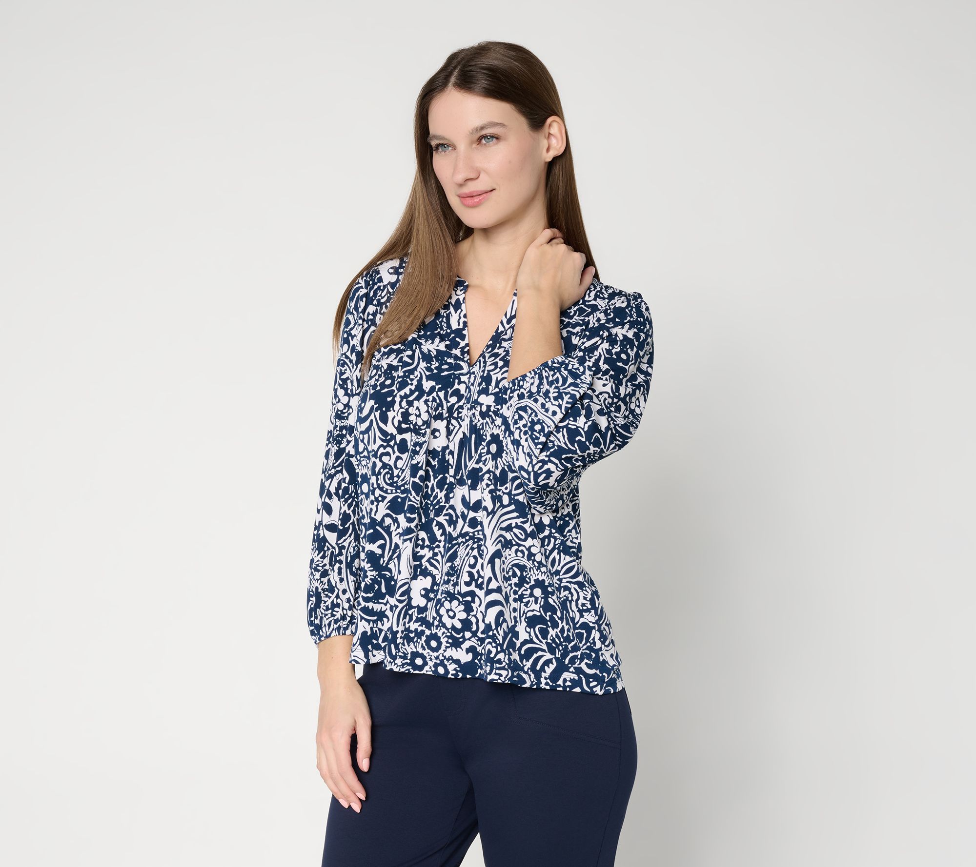 Susan Graver Printed Liquid Knit 3/4 Sleeve Split Neck Top