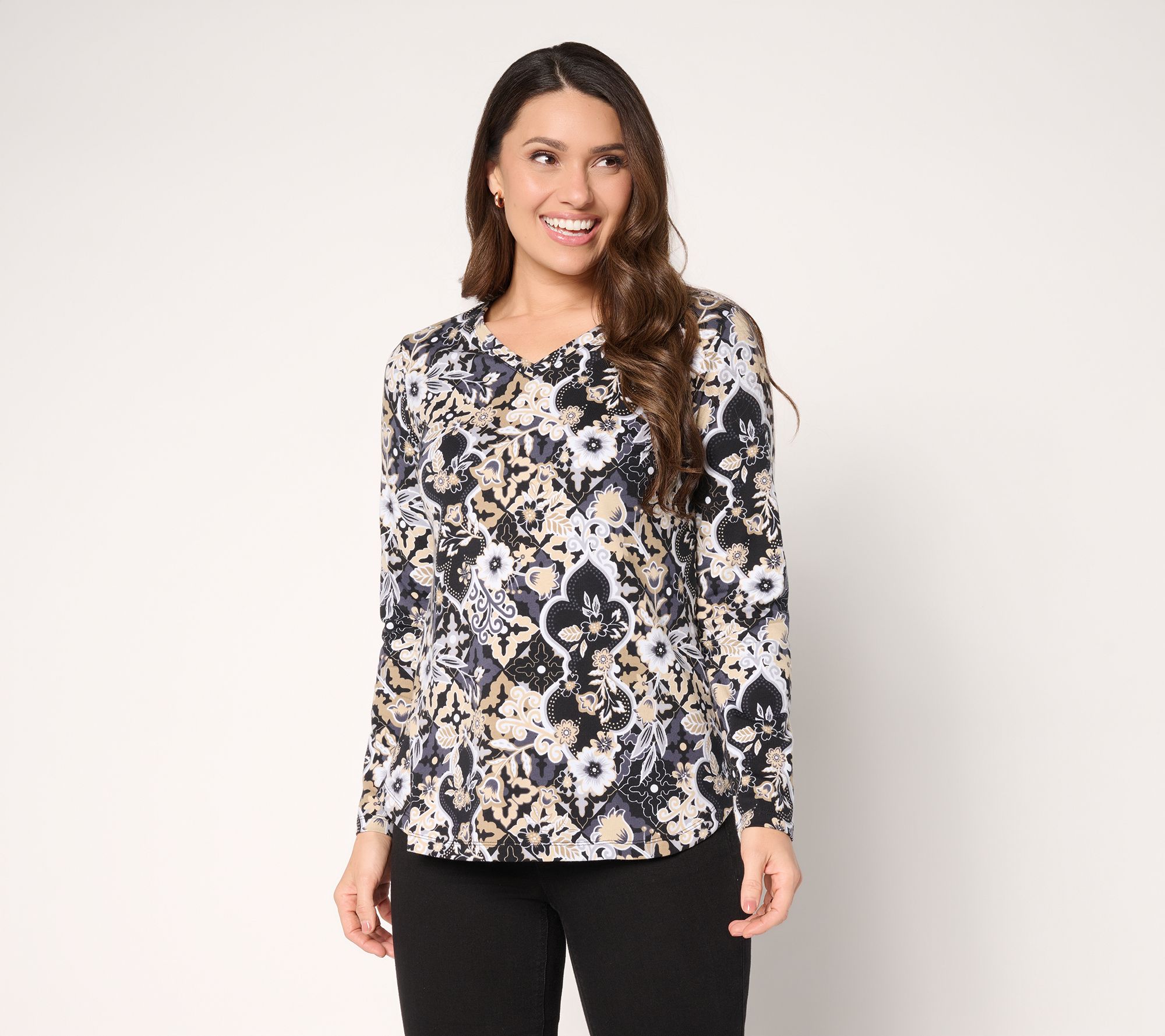 "As Is" Denim & Co. Printed Perfect Jersey V-Neck Top with Curved Hem