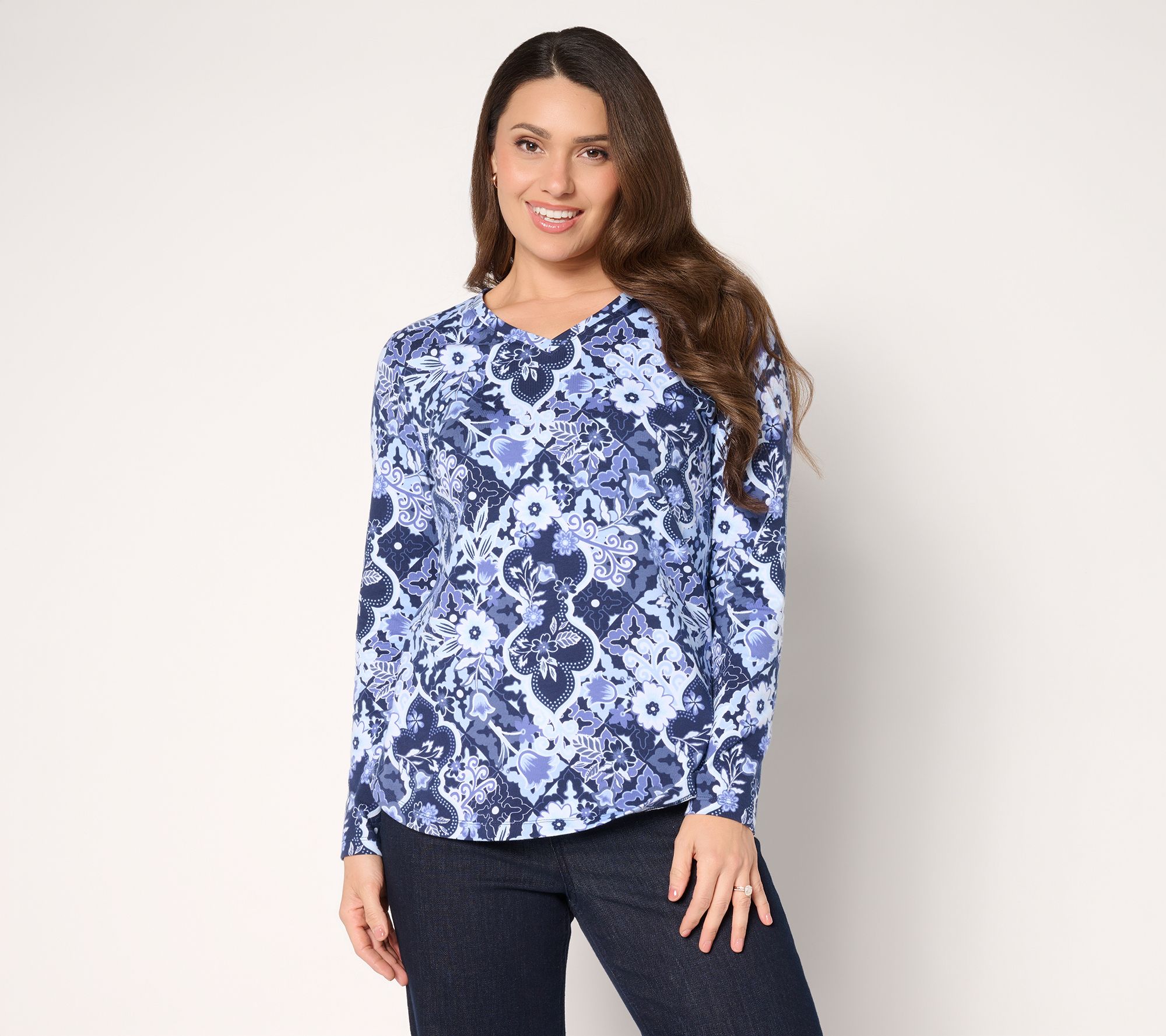 "As Is" Denim & Co. Printed Perfect Jersey V-Neck Top with Curved Hem