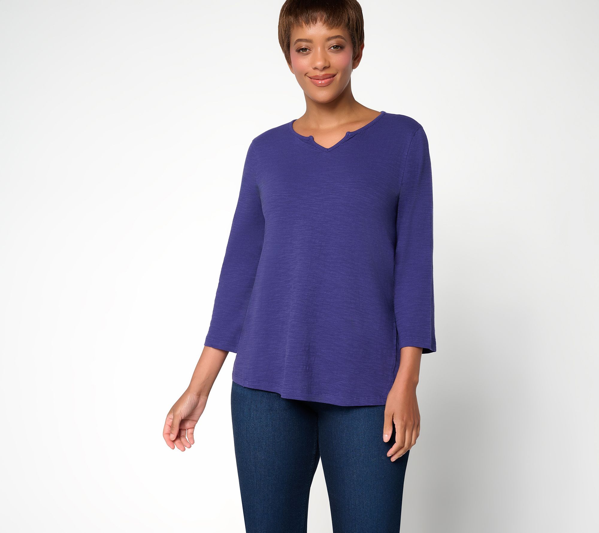  LOGO Principles by Lori Goldstein Cot. Split-V 3/4 -Sleeve Top
