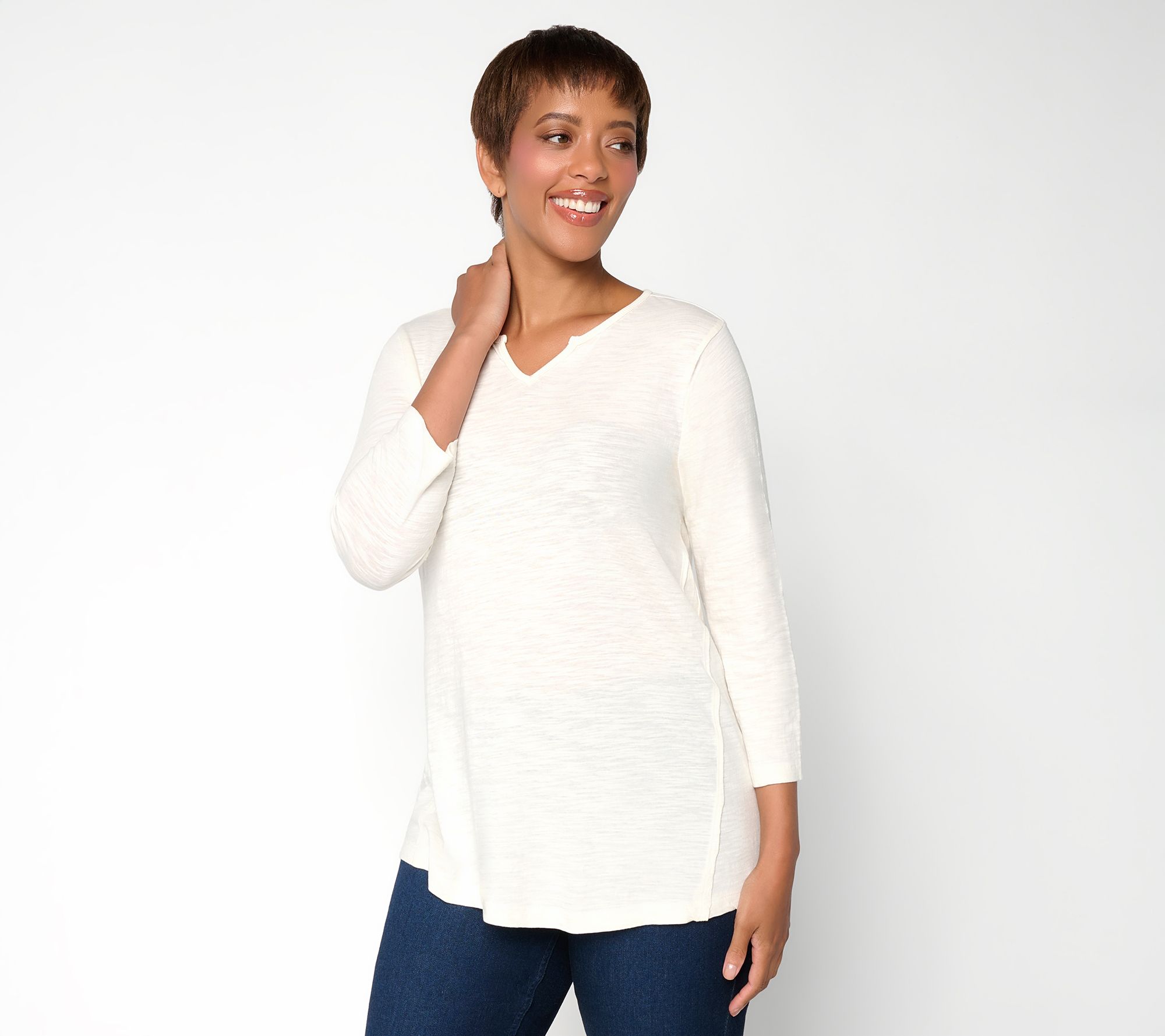 LOGO Principles by Lori Goldstein Cot. Split-V 3/4 -Sleeve Top