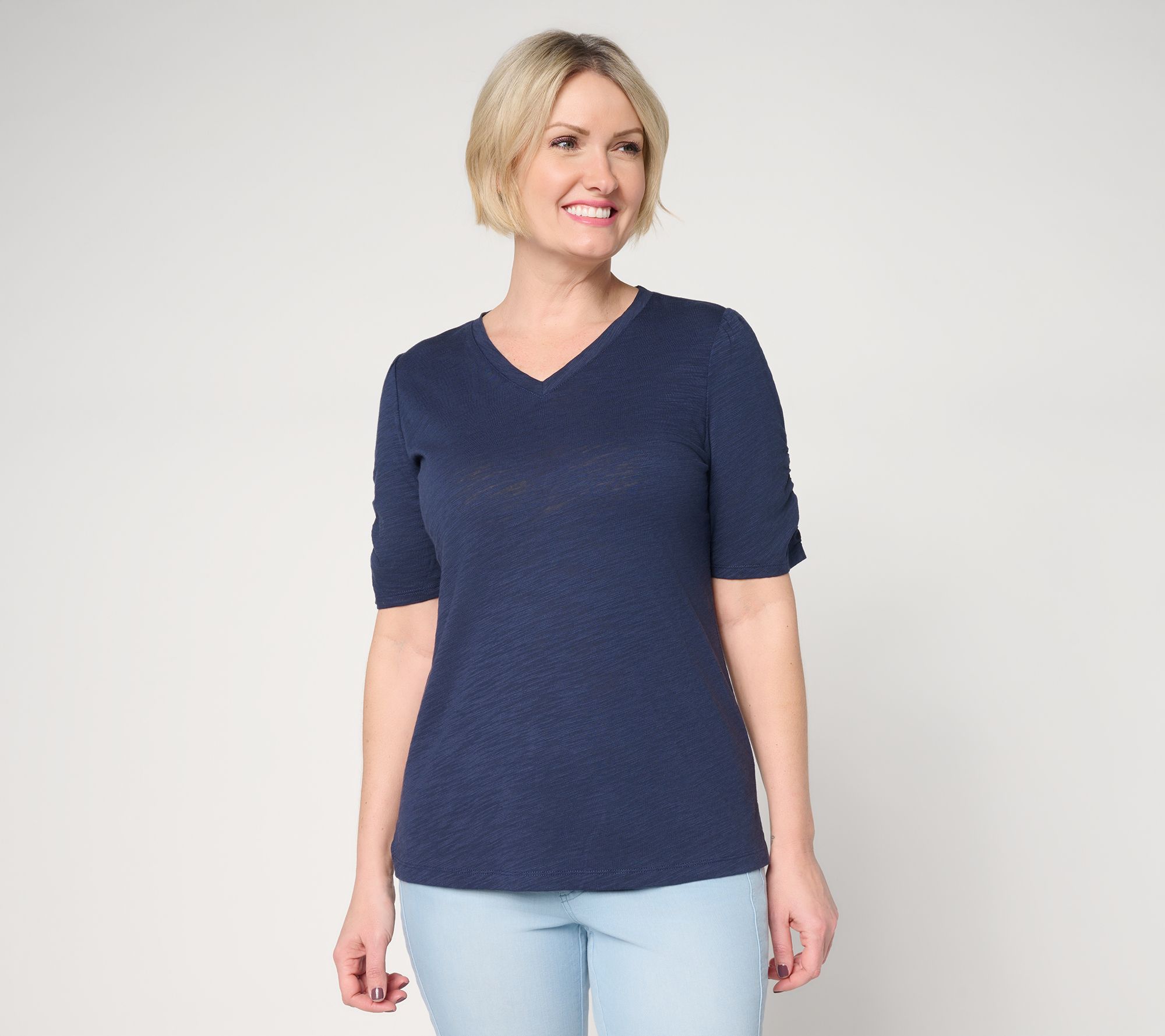 "As Is" Belle Beach by Kim Gravel Slub Knit Ruched Elbow Top