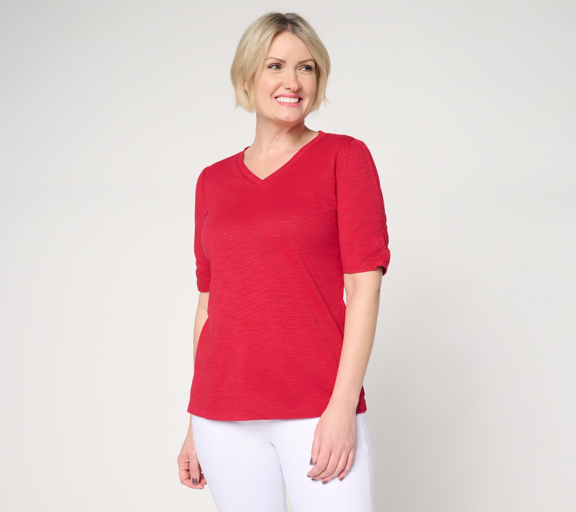 "As Is" Belle Beach by Kim Gravel Slub Knit Ruched Elbow Top