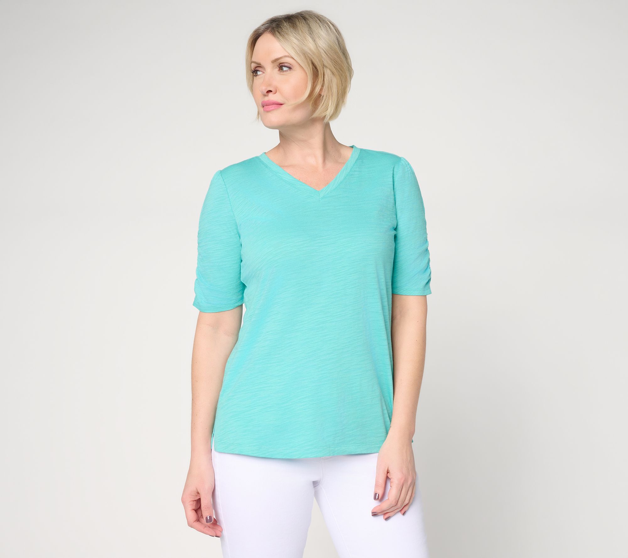 "As Is" Belle Beach by Kim Gravel Slub Knit Ruched Elbow Top