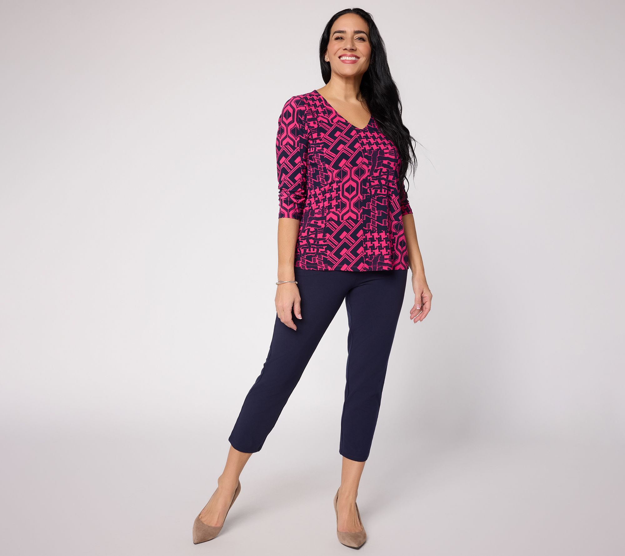 "As Is" Women with Control Petite Printed Top & Solid Pant Set