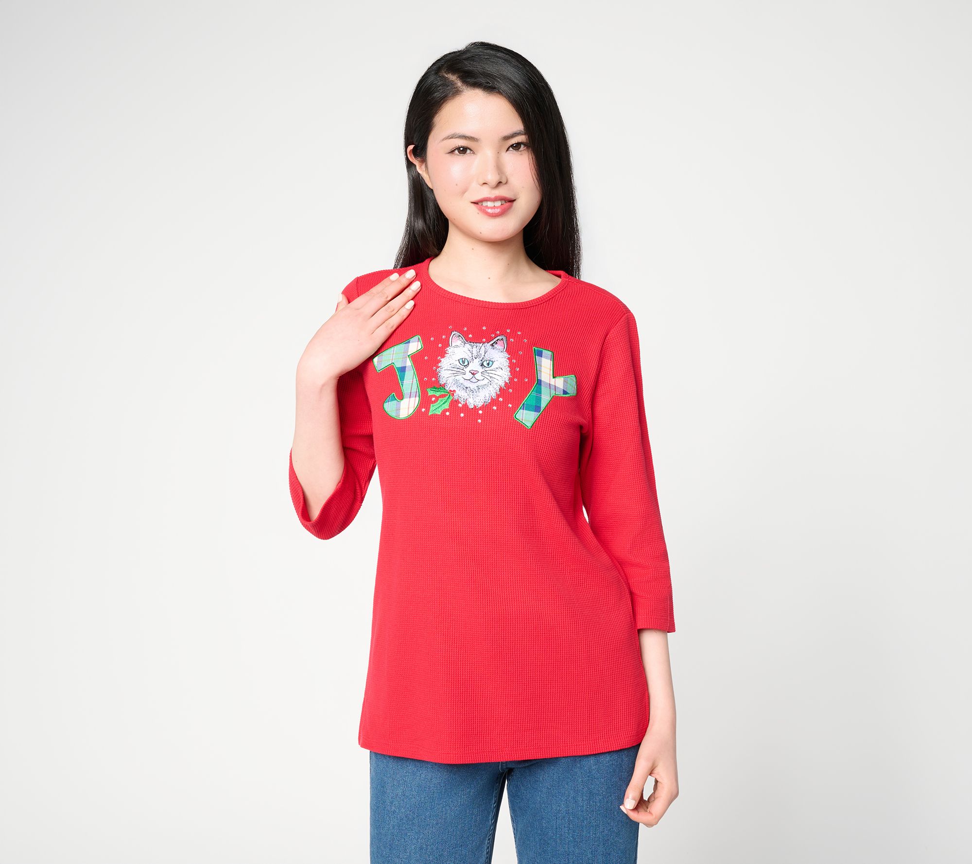 Quacker Factory Joys of the Season Waffle 3/4 Sleeve Top