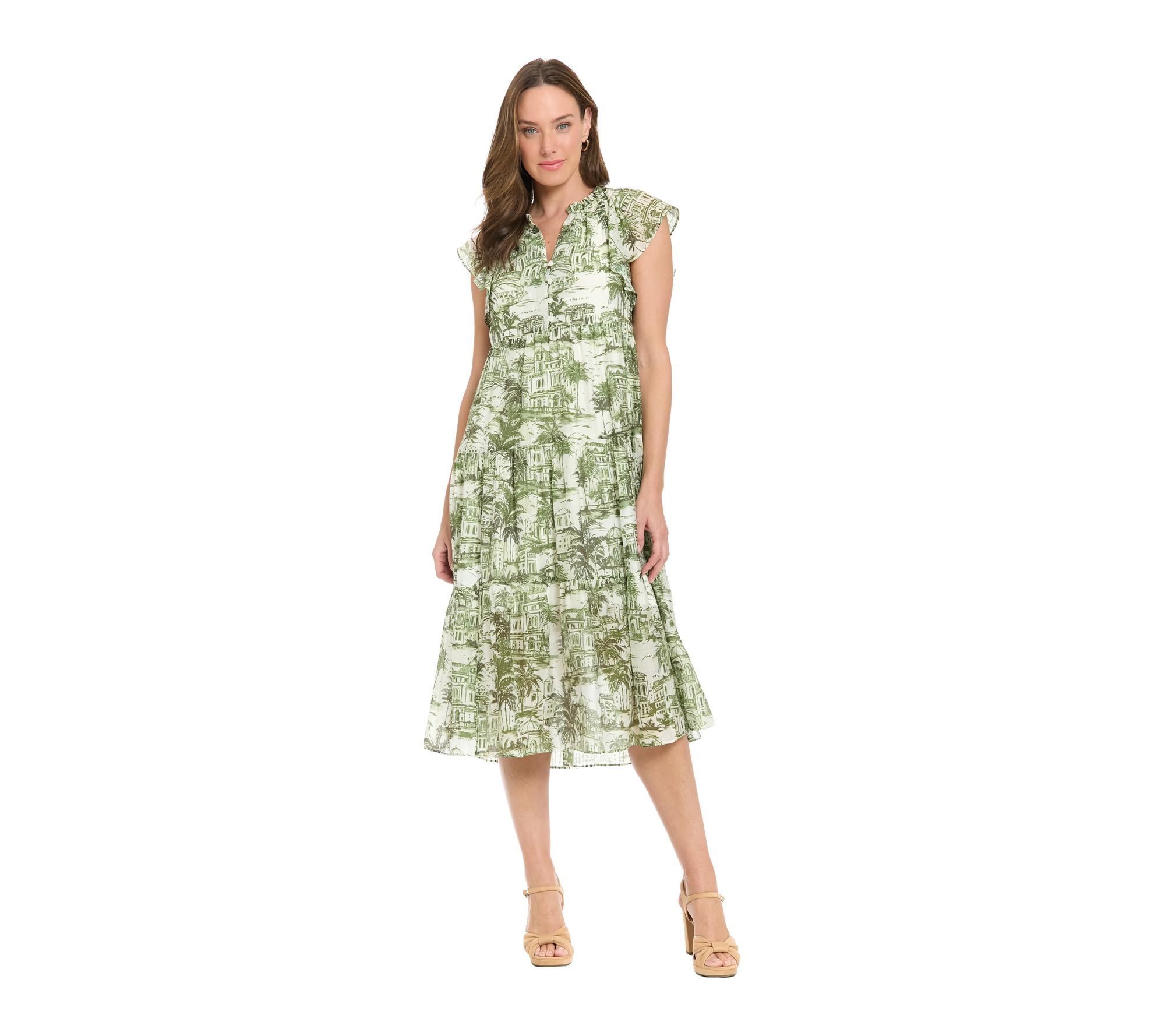 London Times Flutter Sleeve Tiered Dress