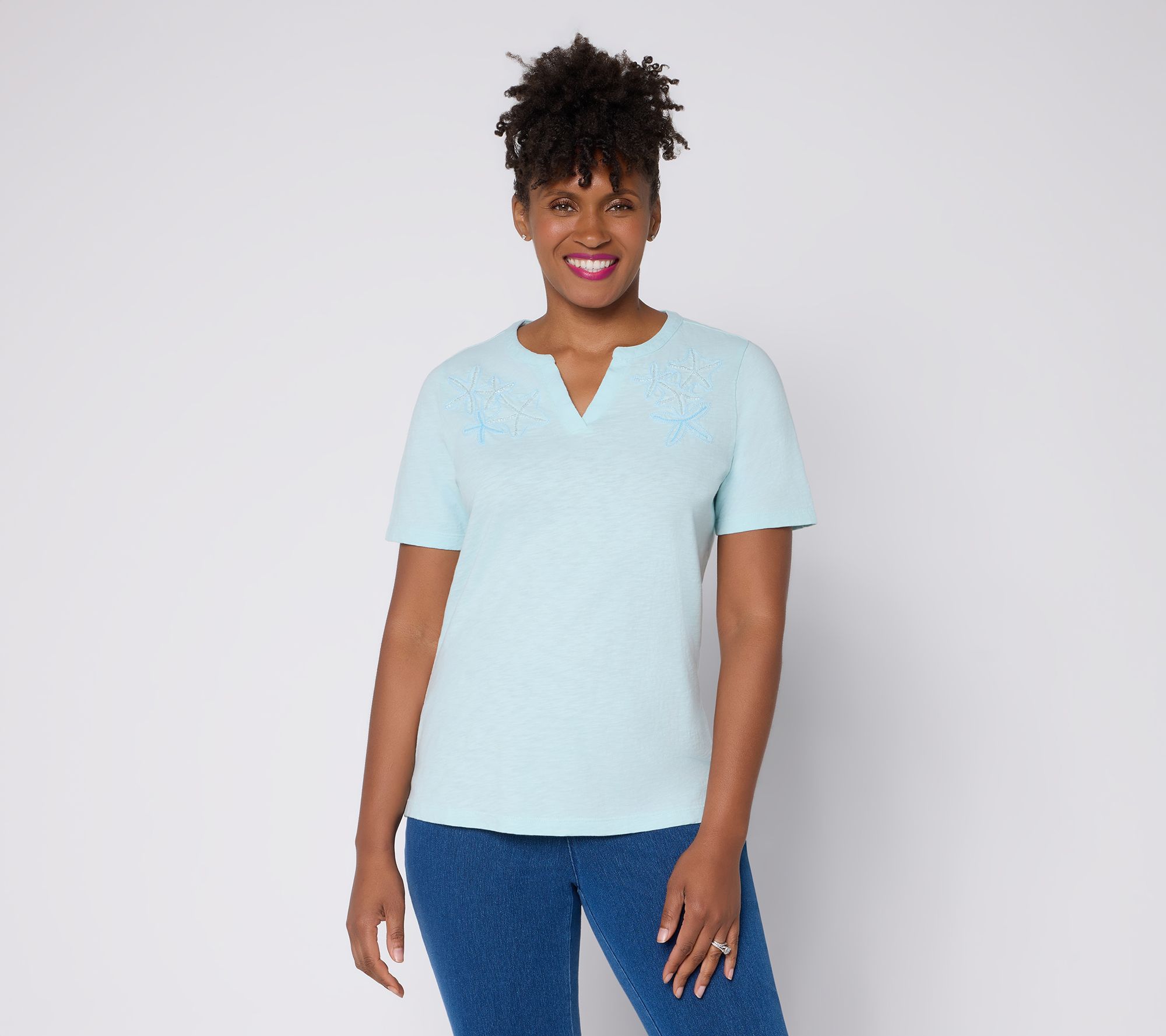 "As Is" Denim & Co. Slub Jersey Embroidered Short Sleeve Split Neck Top