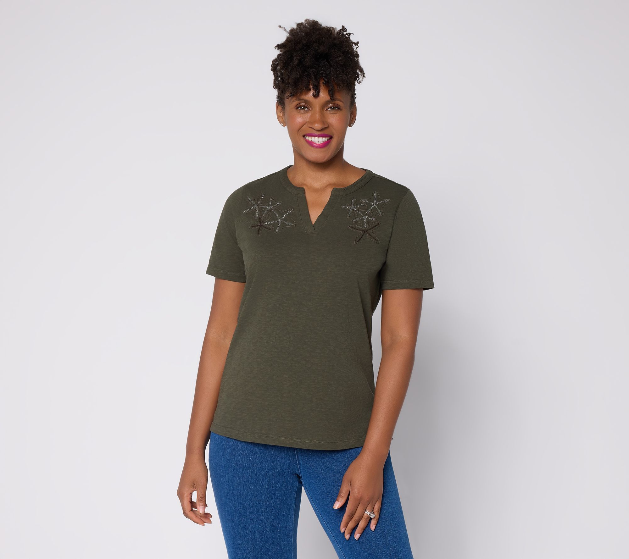 "As Is" Denim & Co. Slub Jersey Embroidered Short Sleeve Split Neck Top