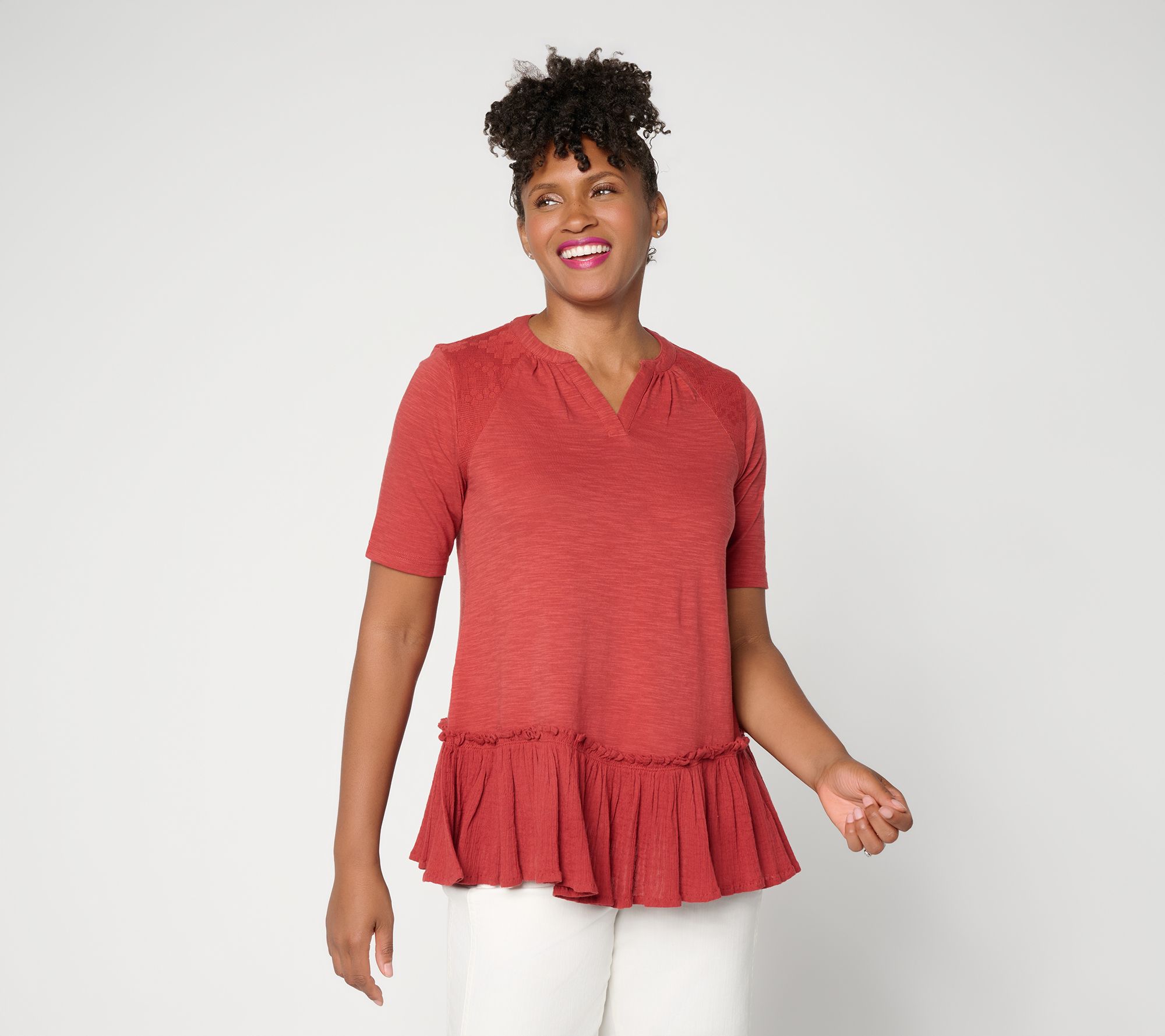 "As Is" LOGO Lavish by Lori Goldstein Mixed Media Ruffle Hem Top