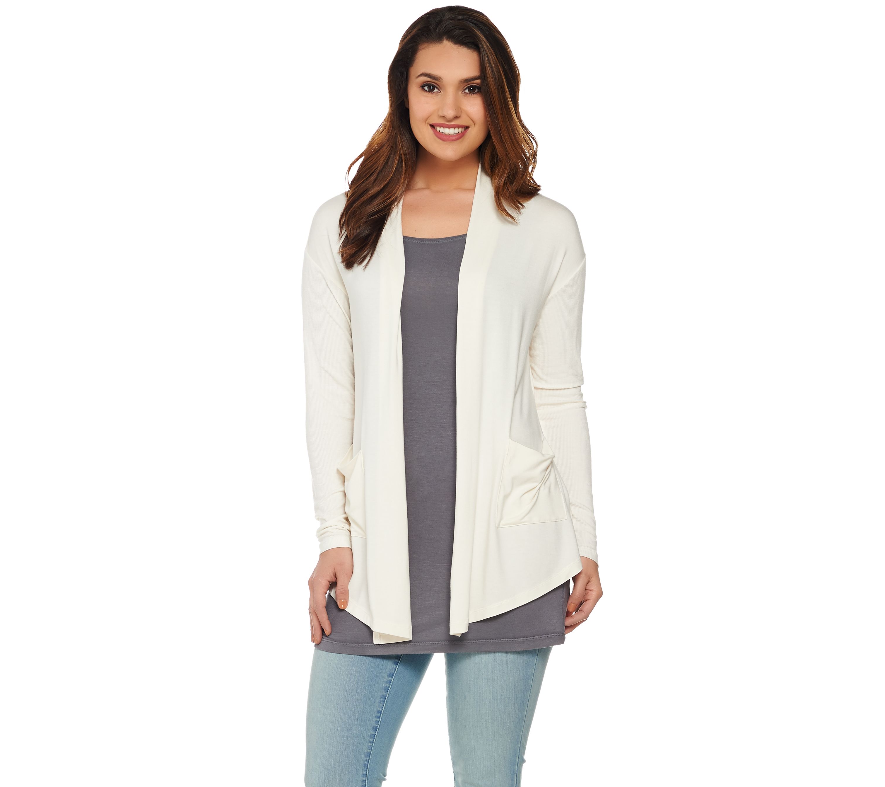 LOGO by Lori Goldstein Open Front Knit Cardigan with Ribbed Sleeves ...