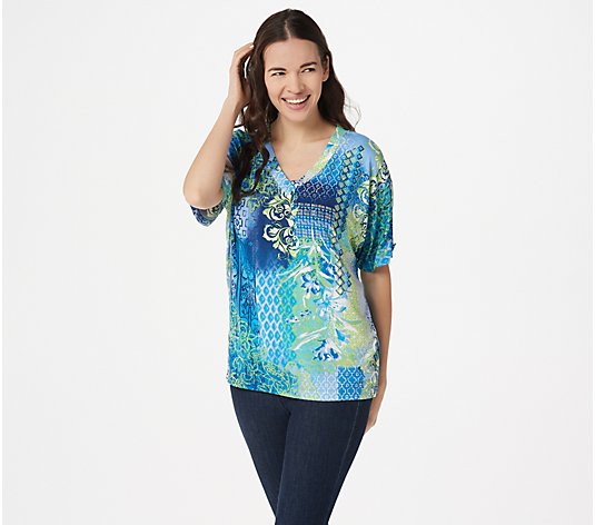 Belle by Kim Gravel V-Neck Print Top with Sleeve Tab - QVC.com