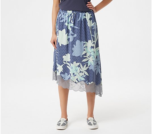 LOGO by Lori Goldstein Printed Bi-Stretch Skirt with Lace
