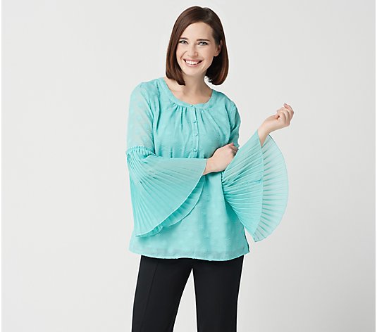 Isaac Mizrahi Live! Clipped Dot Blouse with Pleated Sleeves