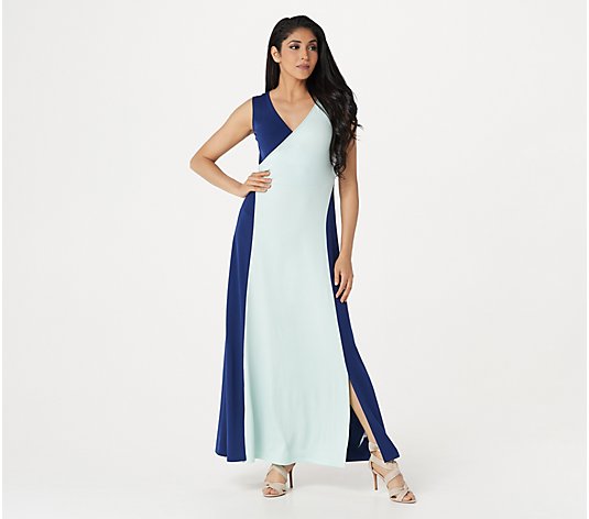 Sleeveless V-Neck Maxi Dresses Unity World size LG Multi Blue Asymetrical Hem NW 
