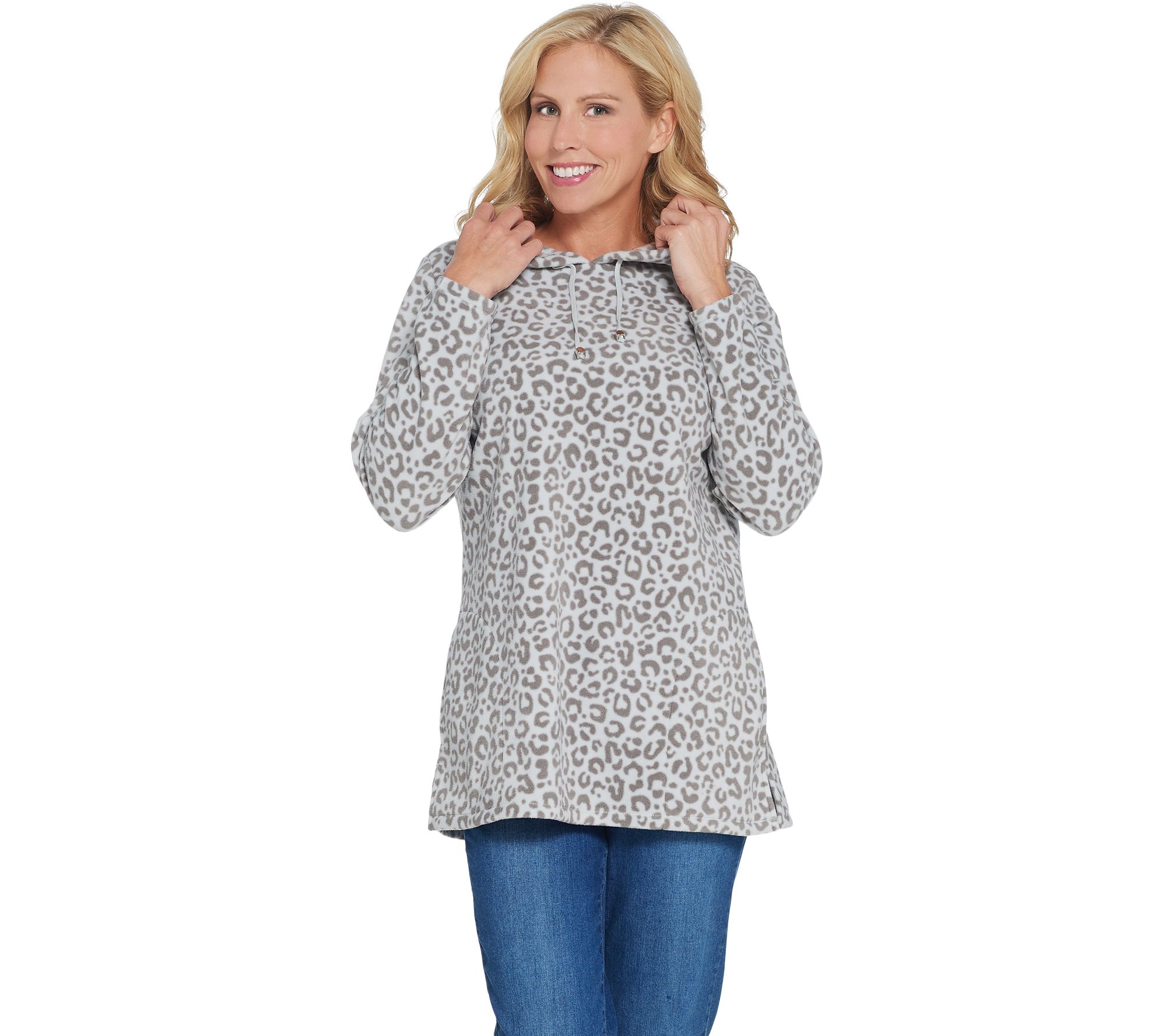 "As Is" Denim & Co. Regular Animal Print Fleece Tunic w/ Hood & Pockets