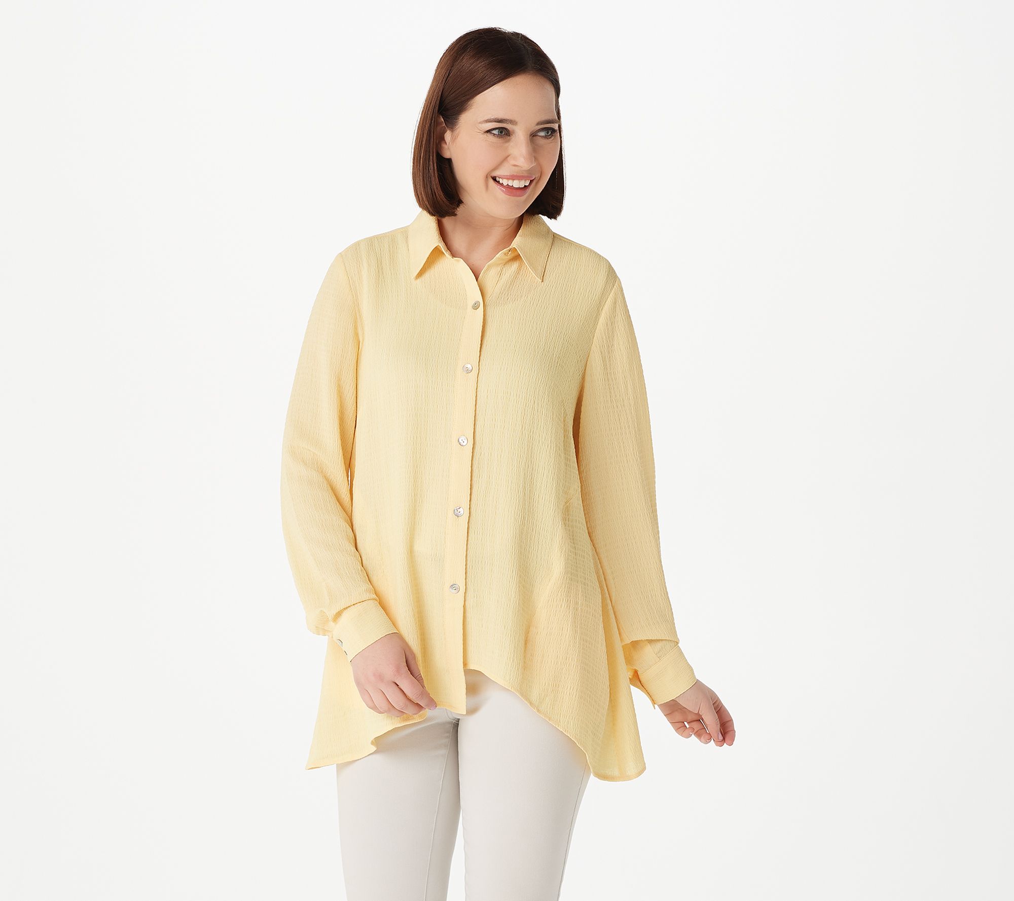 LOGO by Lori Goldstein Textured Woven Blouse with Asymmetric H - A376998