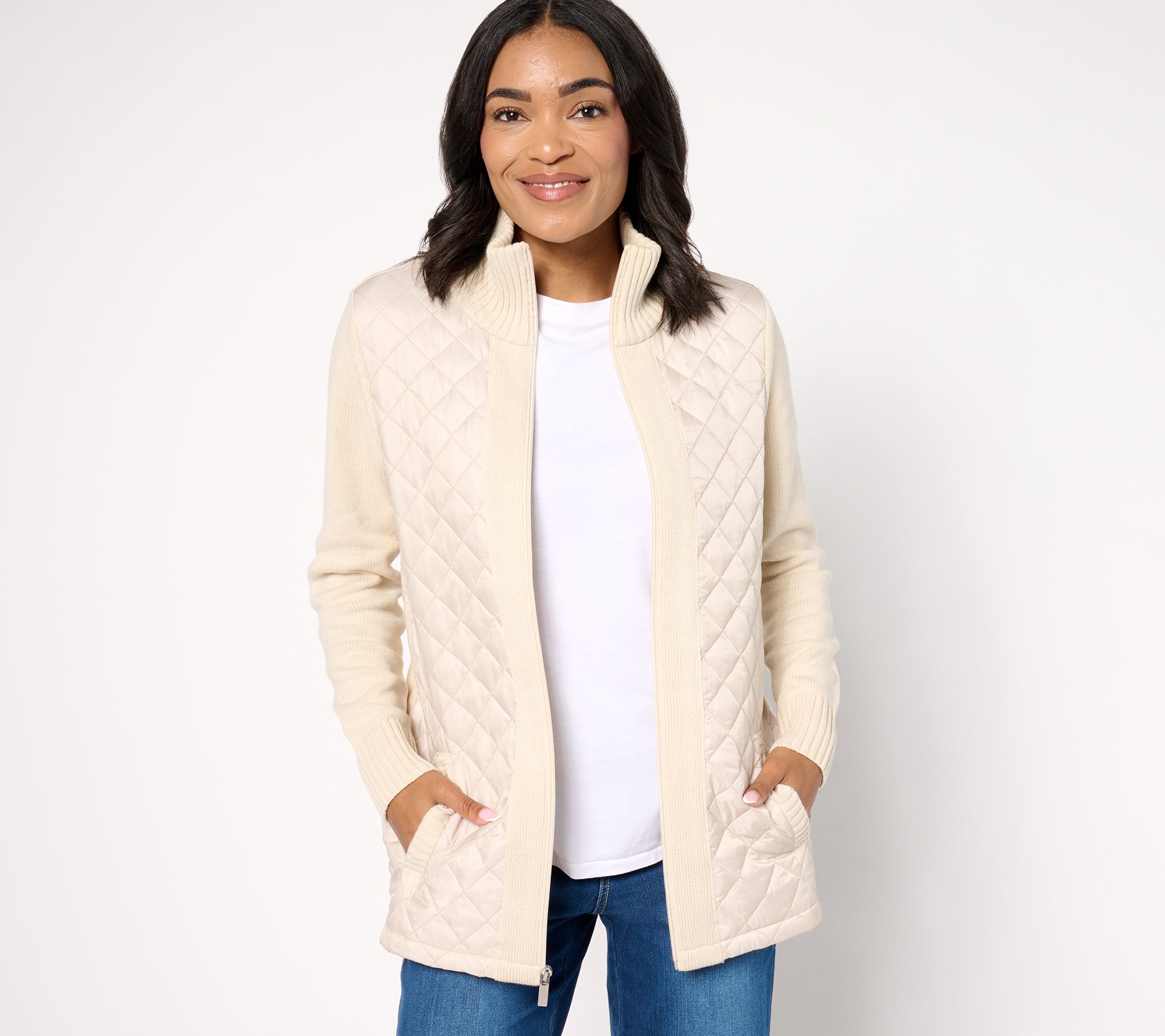 Denim & Co. Quilted Woven-Front Sweater Jacket