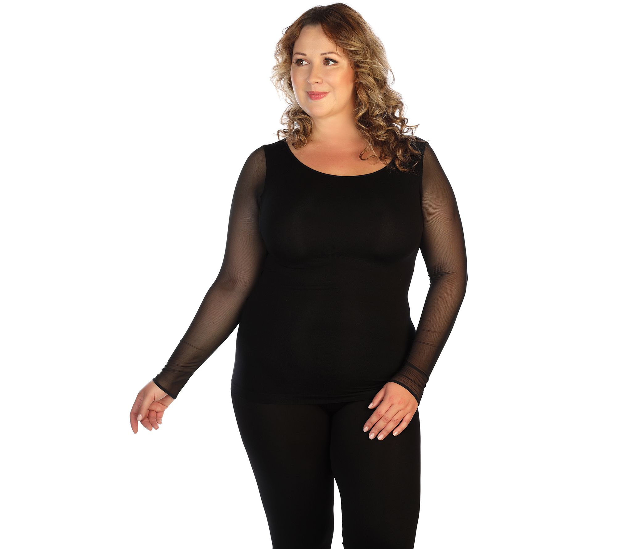 skinnytees Crew Neck Top with Mesh Sleeves - Plus