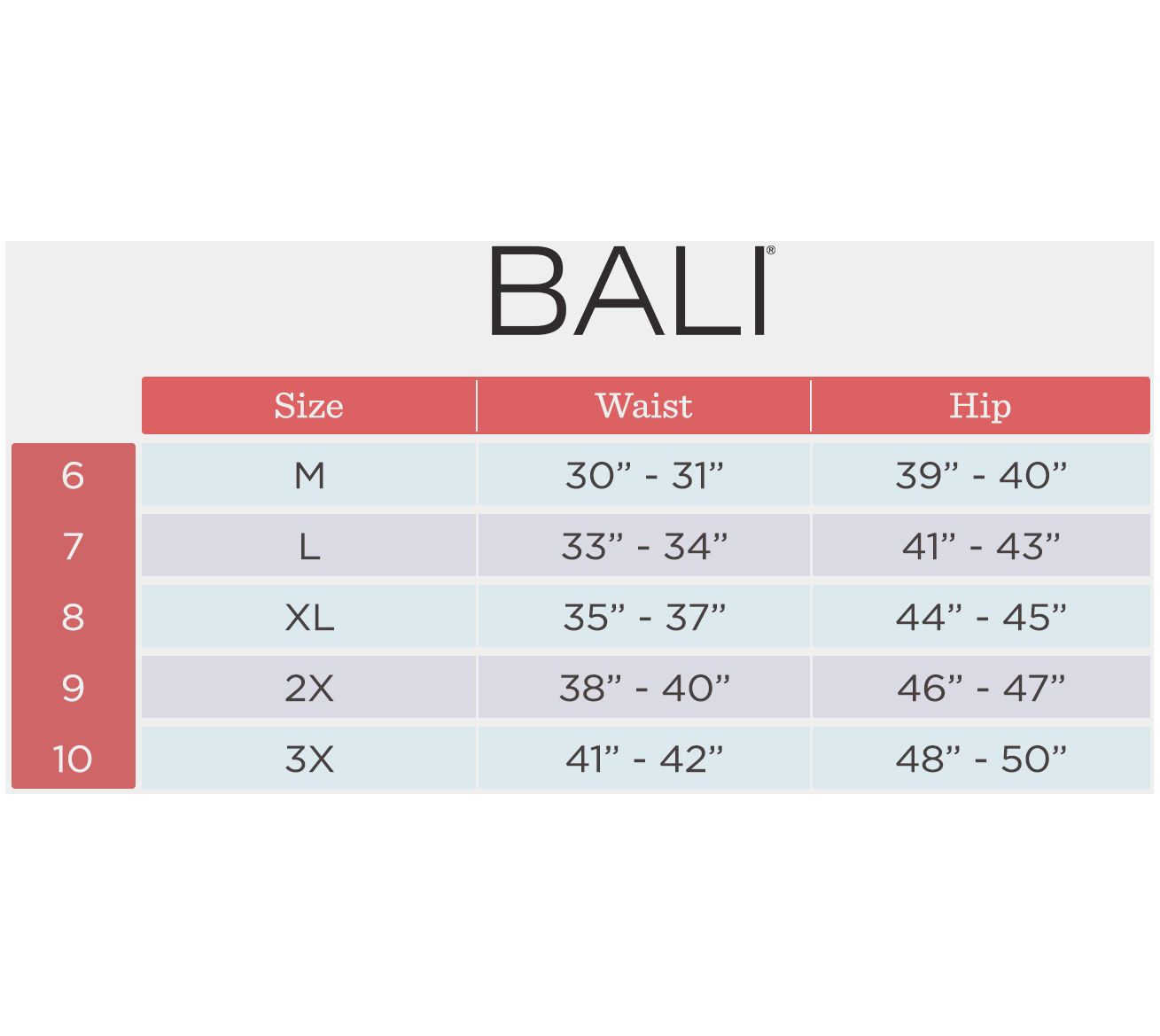 Bali - Size Chart 