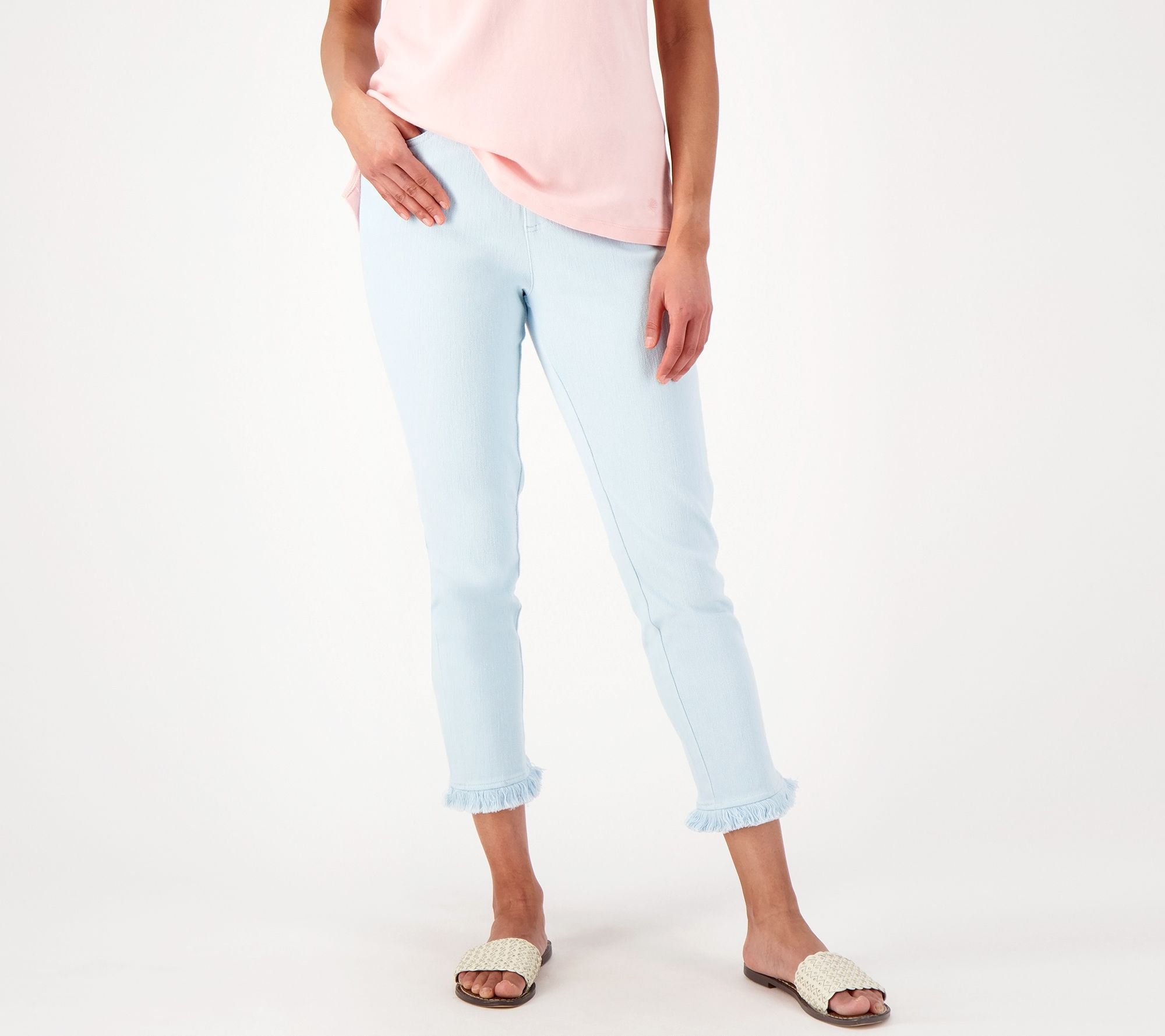 "As Is" Isaac Mizrahi Live! Regular Knit Denim Crop Jean w/ Fringe